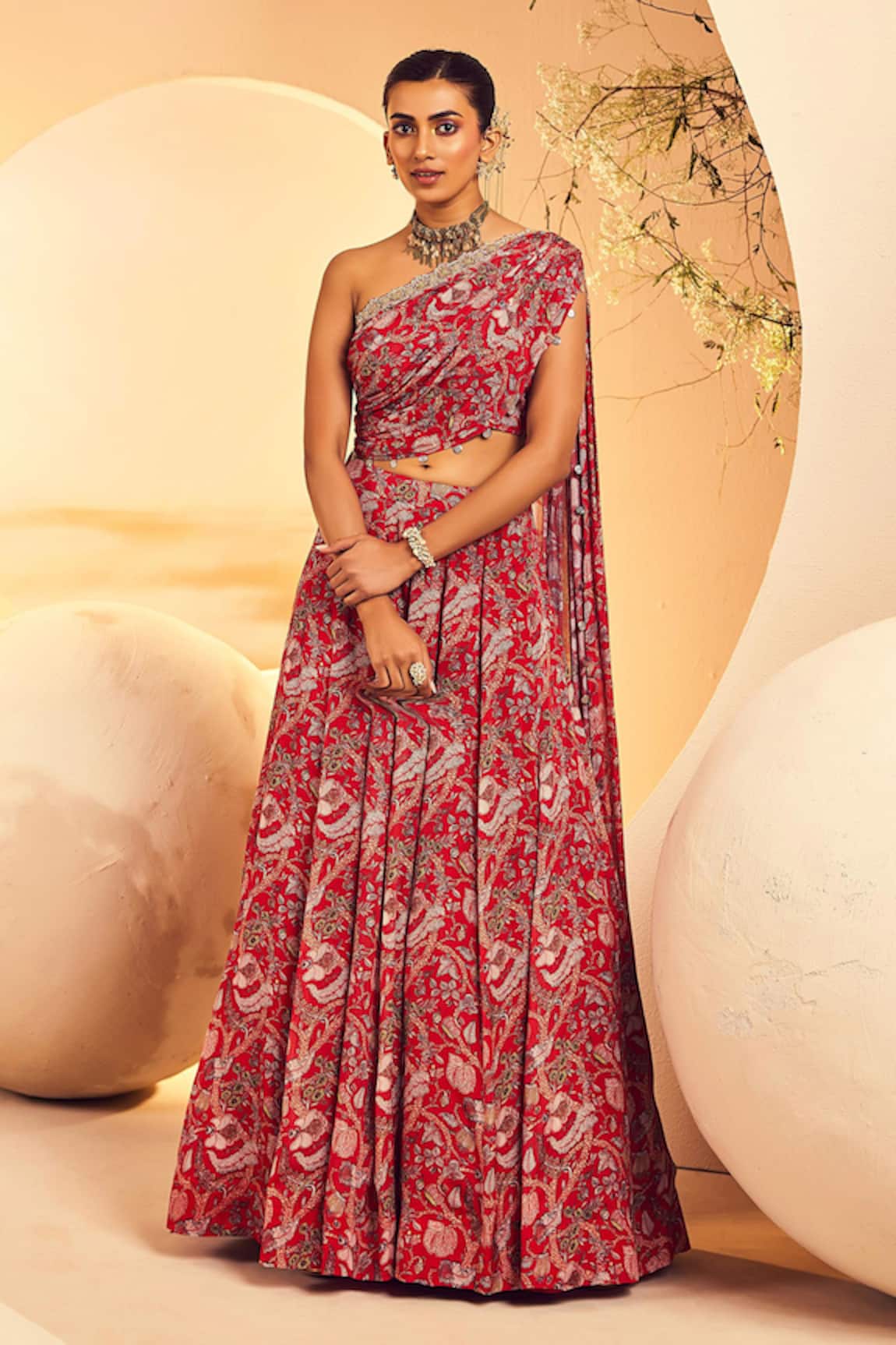 Aneesh Agarwaal Floral Print One-Shoulder Blouse & Lehenga Set