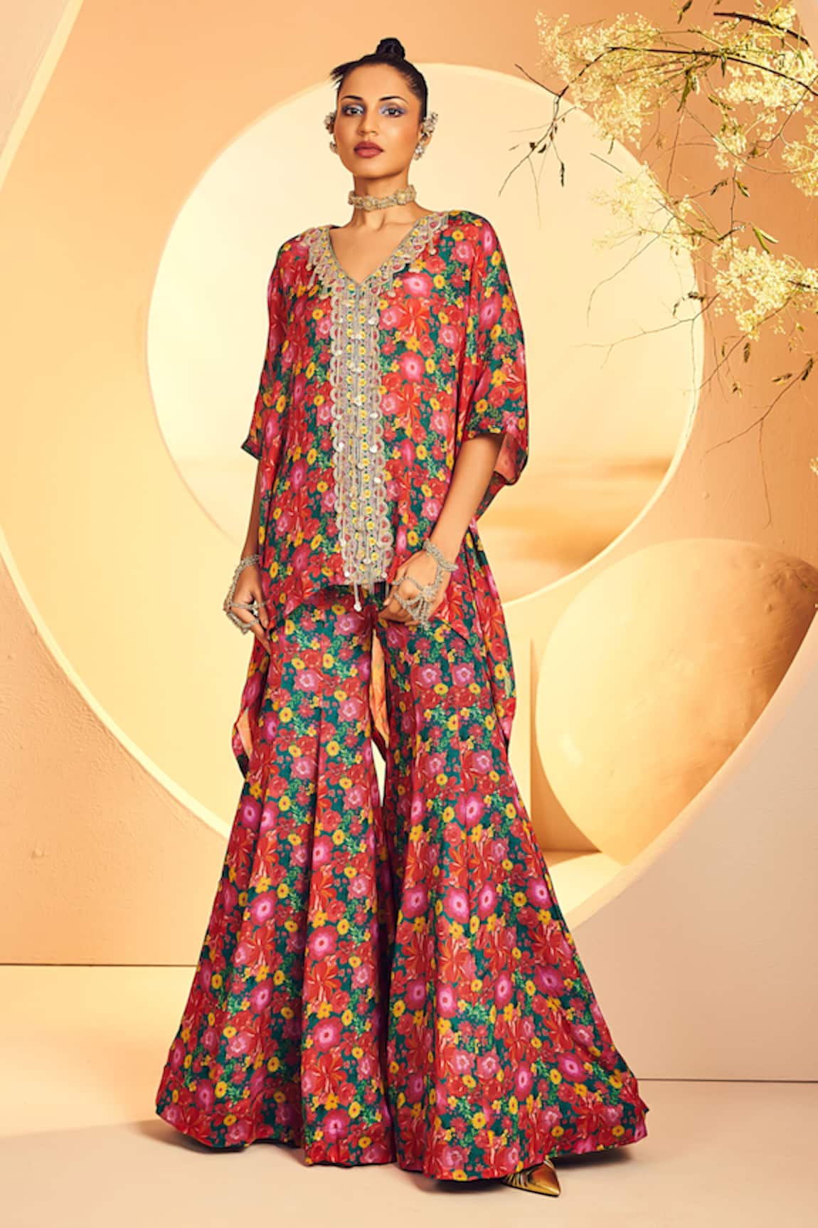 Aneesh Agarwaal Floral Print Embroidered Poncho Tunic & Sharara Set