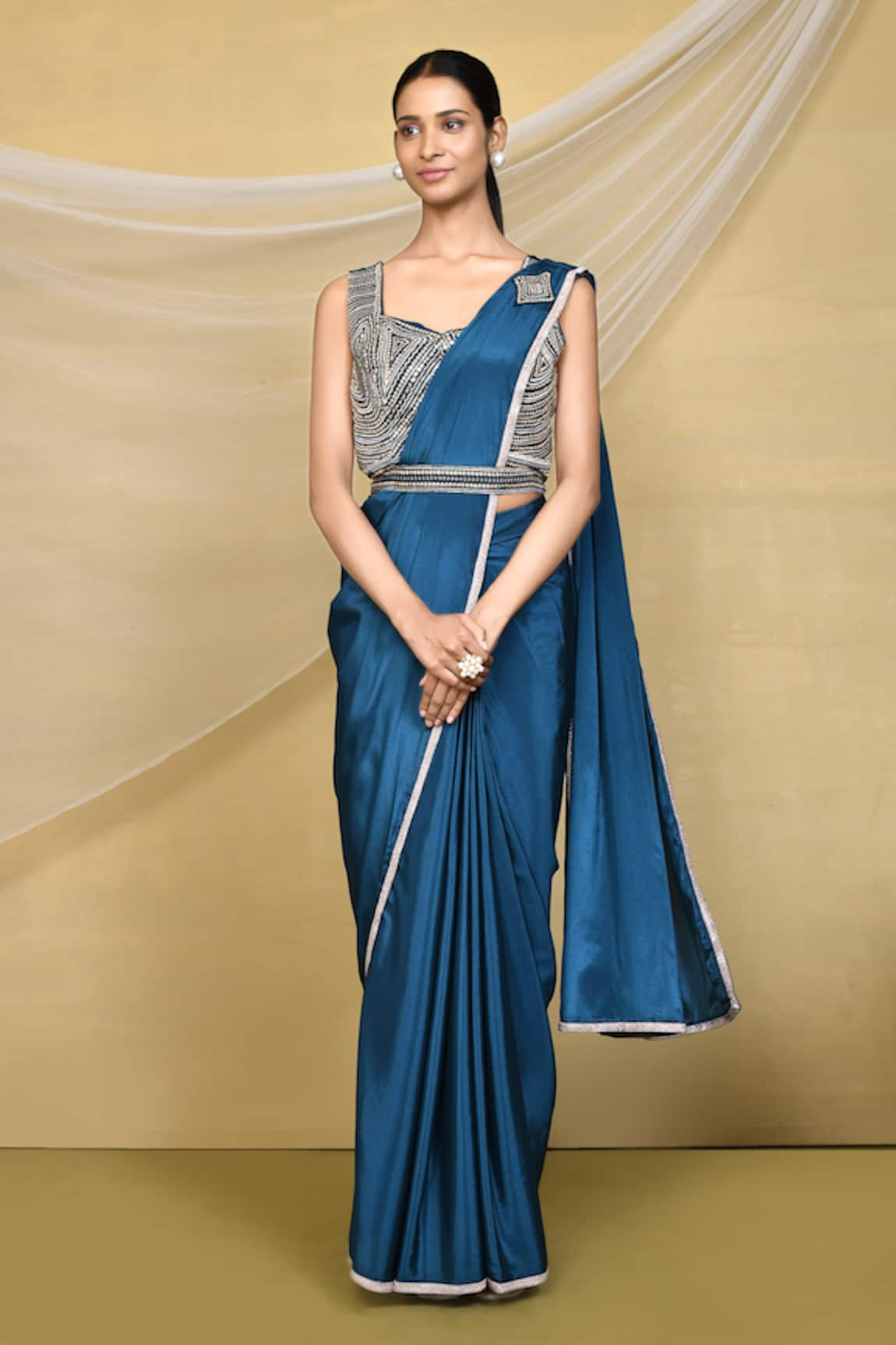 Nazaakat by Samara Singh Geometric Cutdana Embroidered Border Saree With Blouse