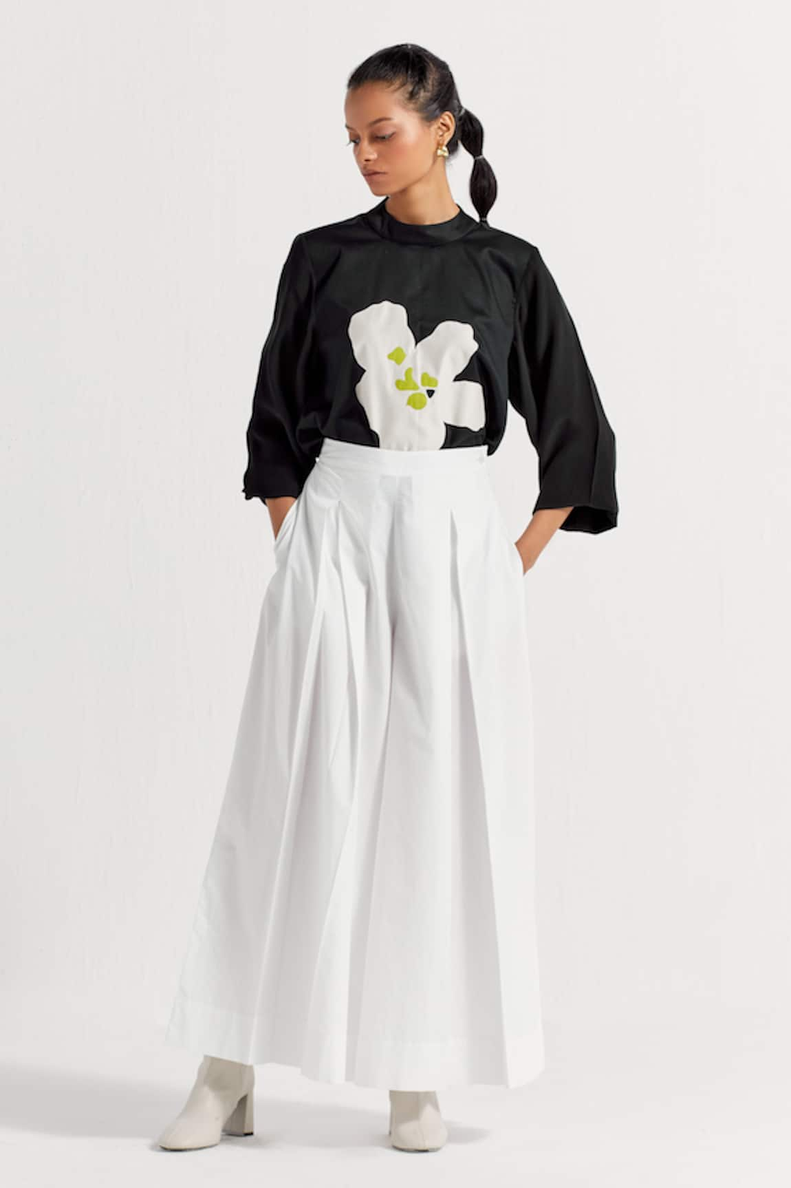 THREE Floral Applique Top & Pleated Pant Set