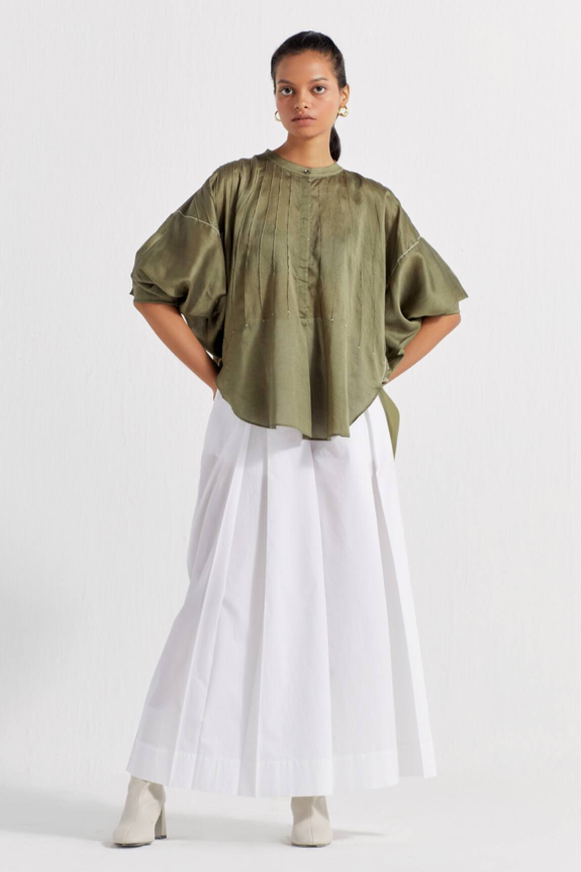 THREE Pintucked Top & Pleated Pant Set