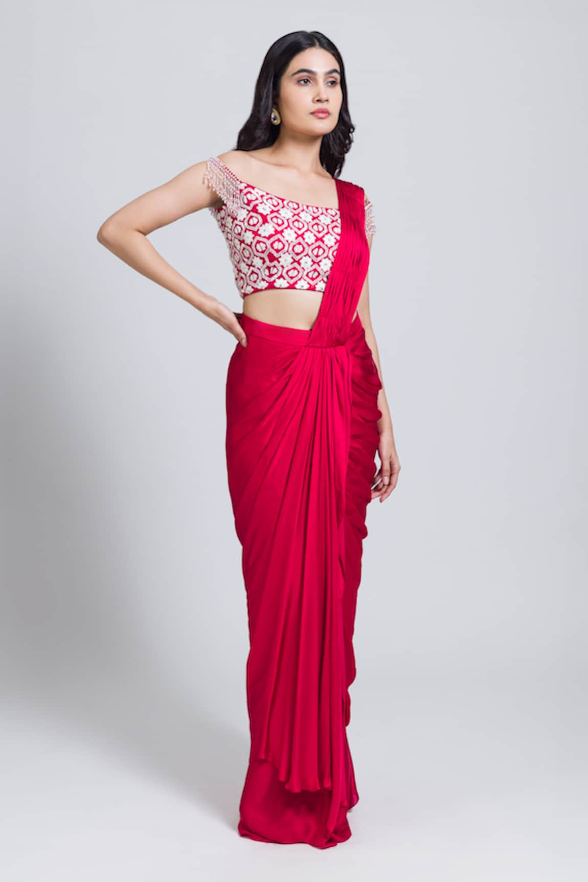 NIMA FASHIONS Pre-Draped Saree With Embroidered Blouse