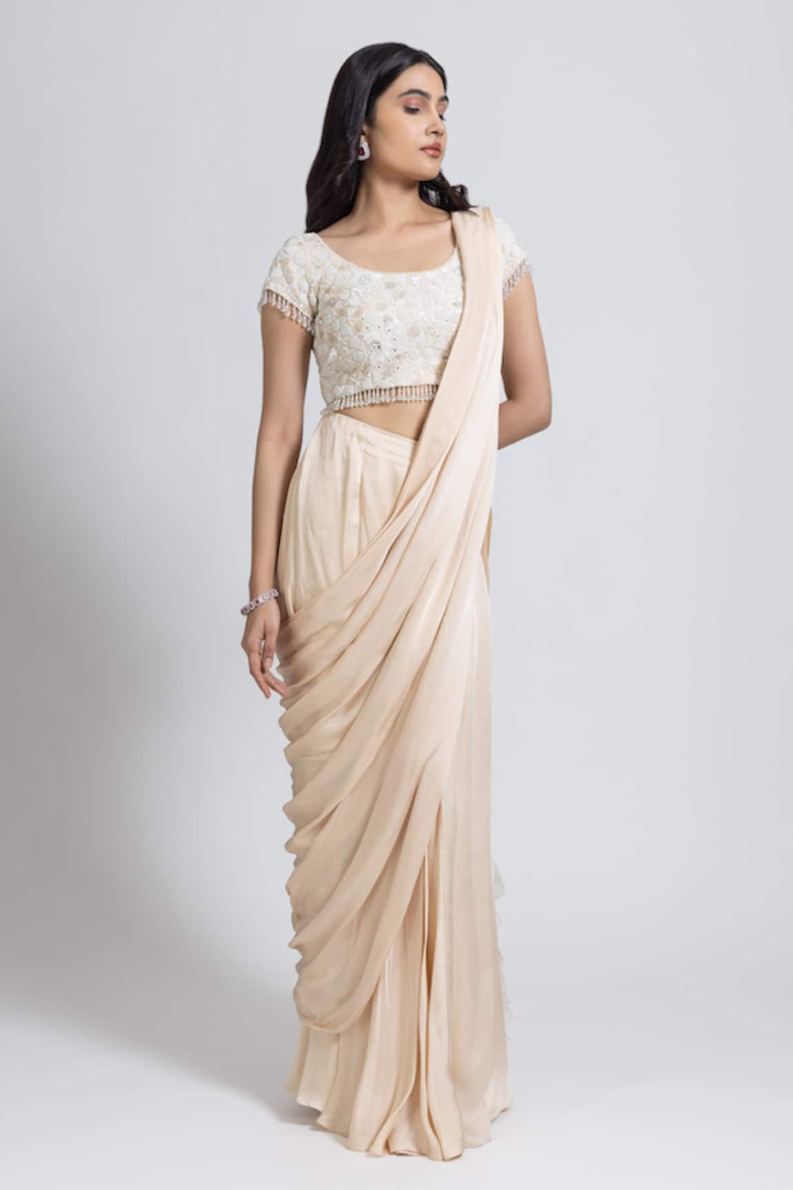 NIMA FASHIONS Pre-Draped Saree With Hand Embroidered Blouse