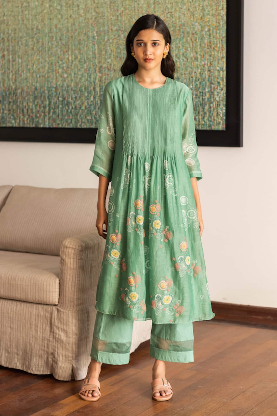 Vaayu Mint Floral Pattern Kurta & Pant Co-ord Set