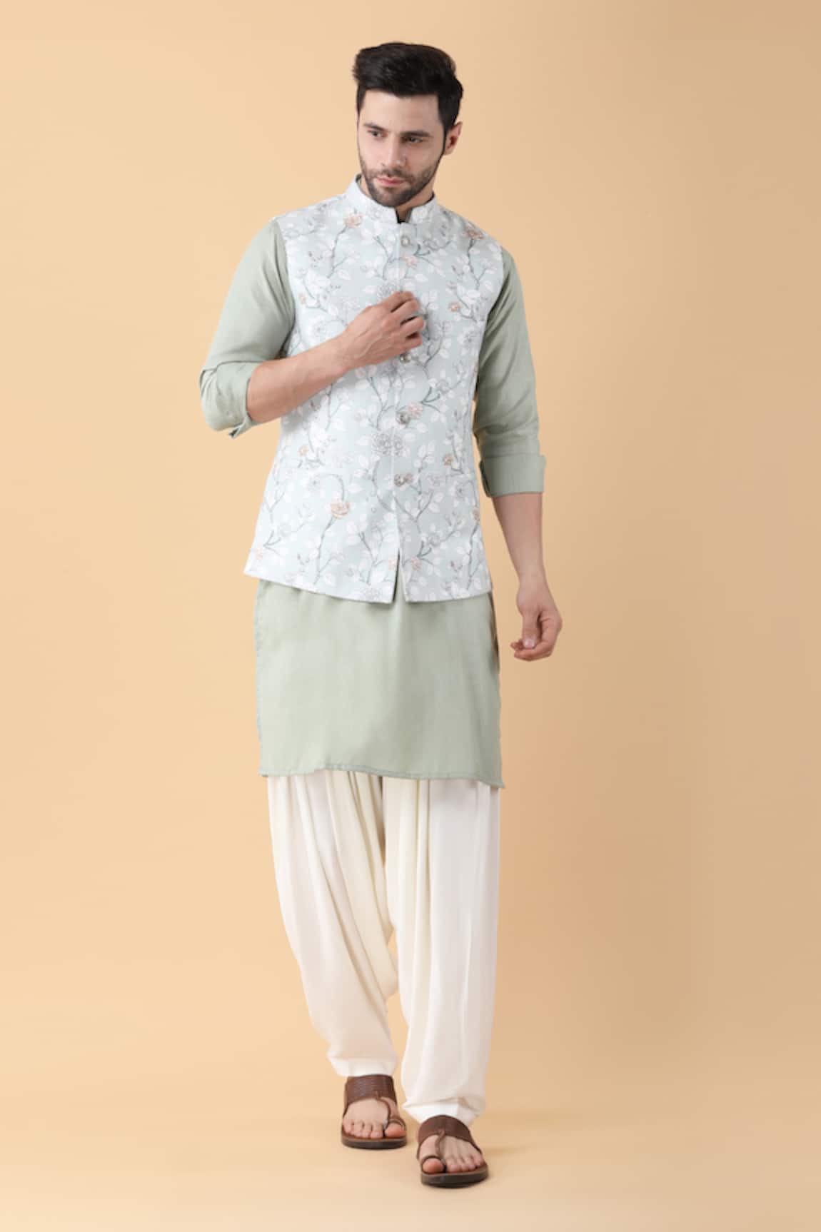 Manish Nagdeo Spring Fleur Print Bundi Kurta Set