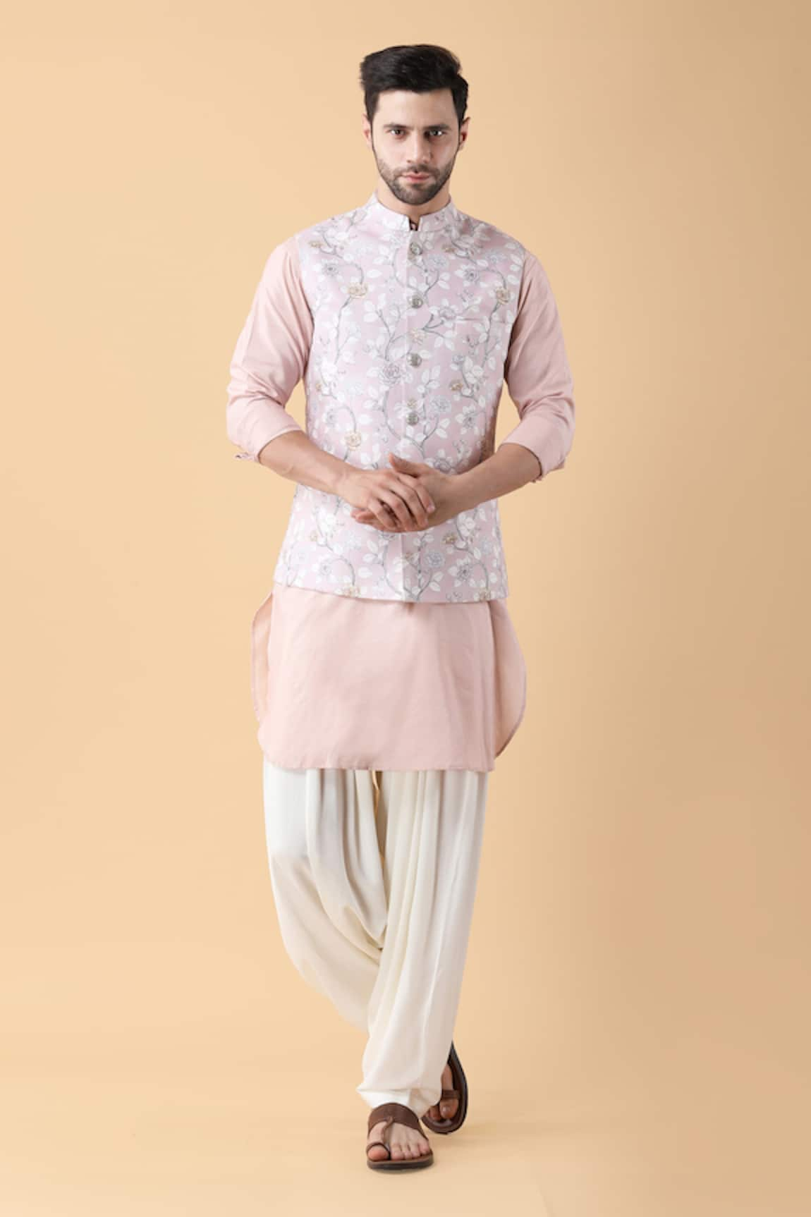 Manish Nagdeo Spring Blossom Print Bundi Kurta Set