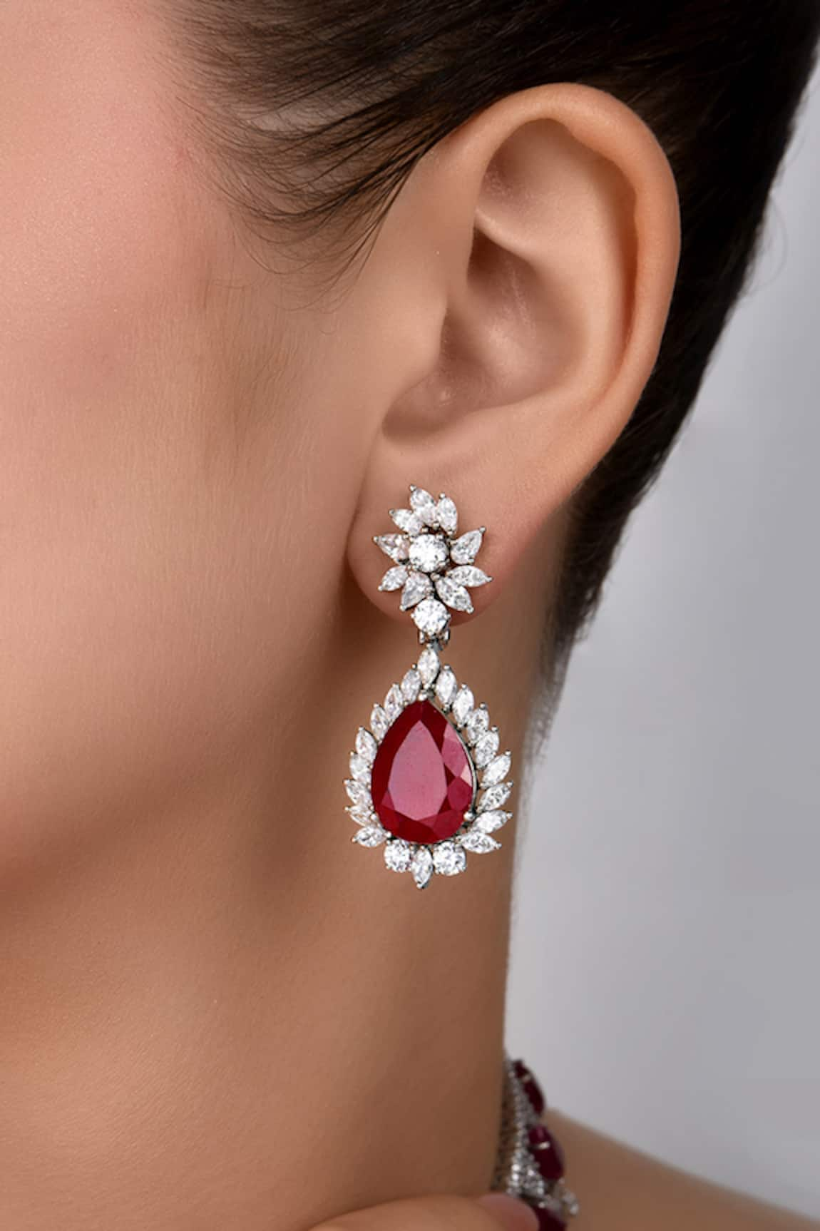 DIOSA PARIS JEWELLERY Pear Shaped Ruby & Swarovski Zirconia Earrings