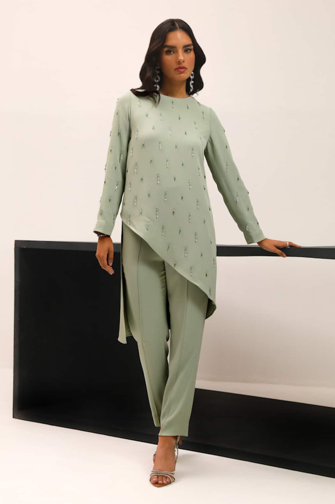 Label Deepika Nagpal Ocean Hand Embroidered Asymmetric Top With Trouser