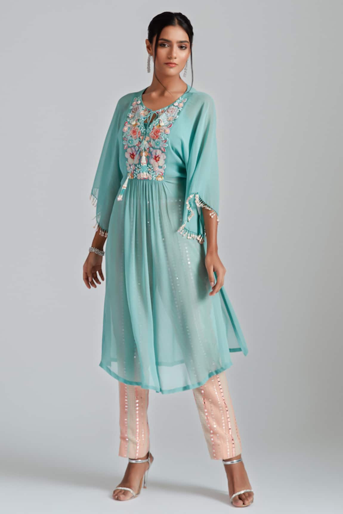 GEE SIN by Geetanjali Singh Floral Patchwork Embroidered Kaftan Tunic & Trouser Set