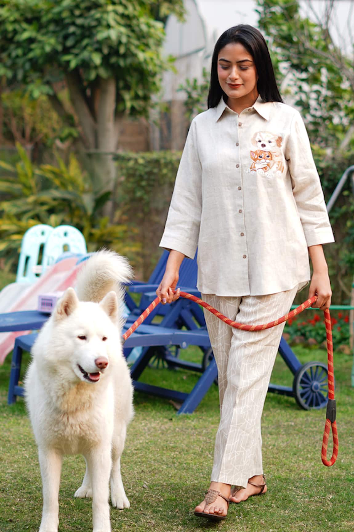 Linen Bloom Dog & Cat Embroidered Linen Shirt