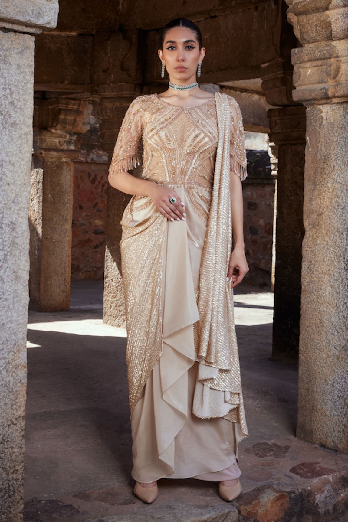 Kamaali Couture Elio Sequin Embellished Draped Saree Gown