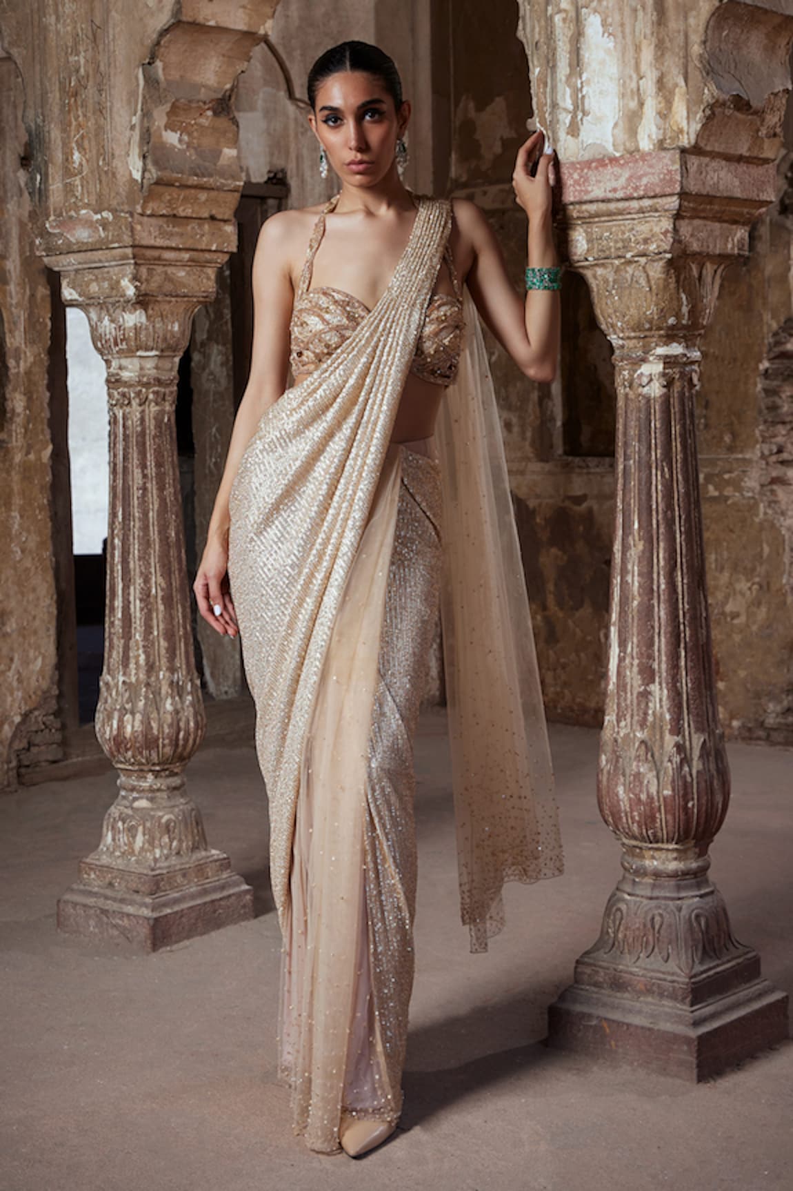 Kamaali Couture Elora Sequin & Tulle Pearl Embroidered Pre-Draped Saree With Blouse