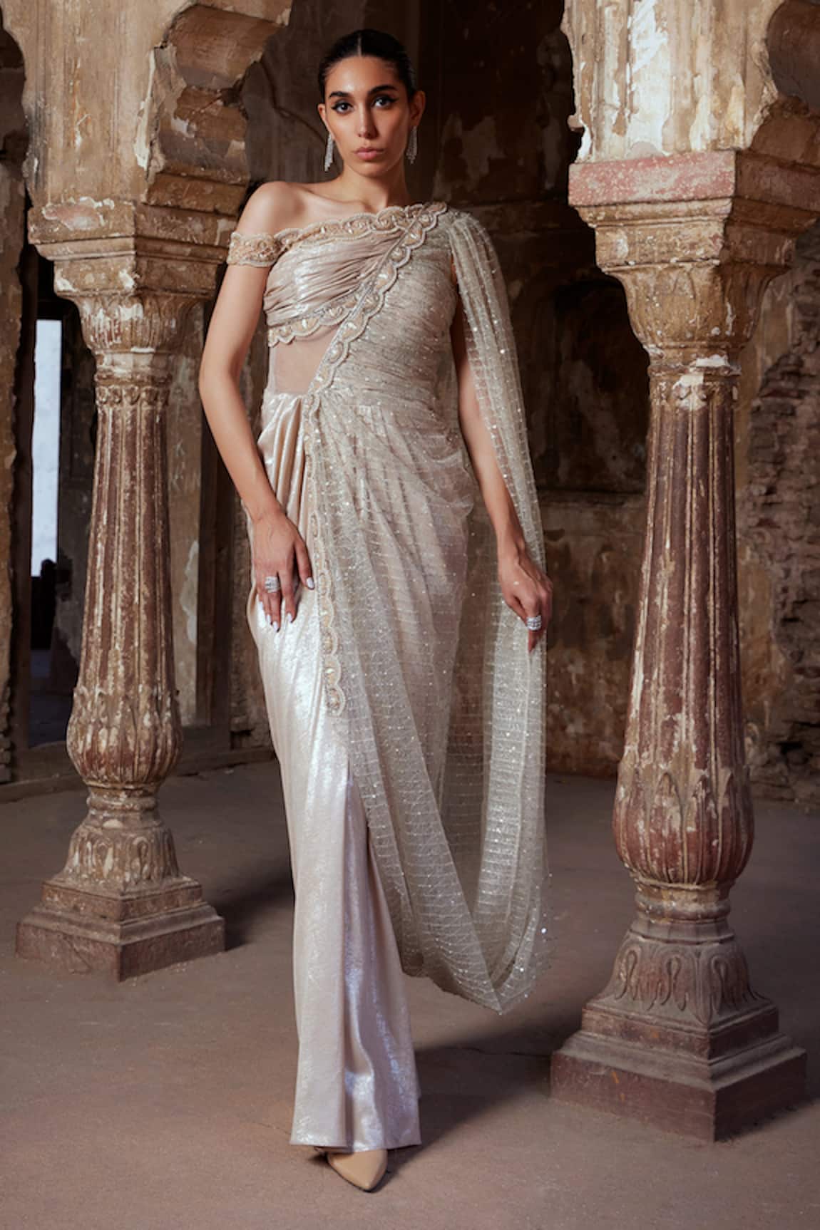Kamaali Couture Nour One-Shoulder Embroidered Saree Gown