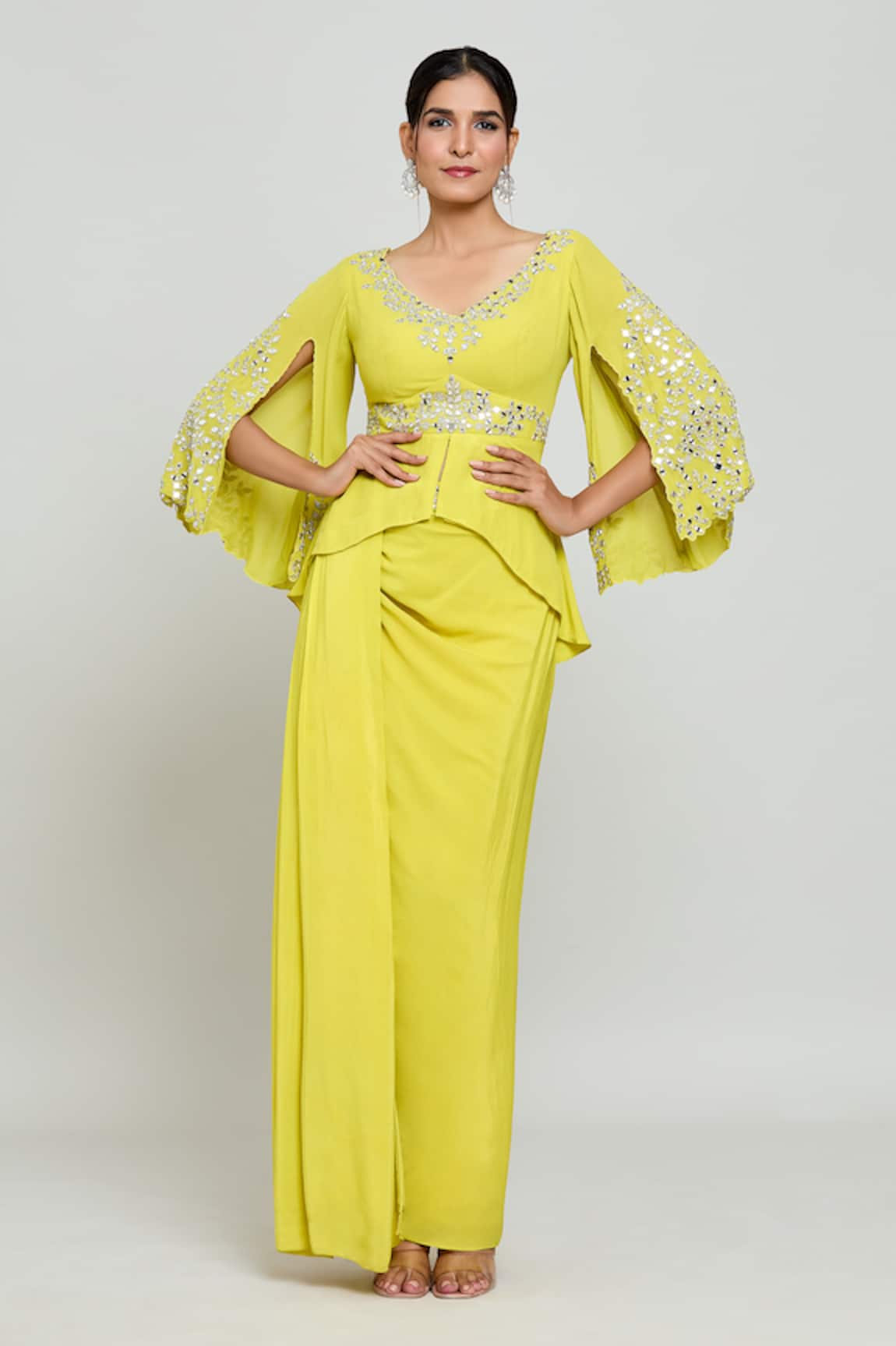 Khwaab by Sanjana Lakhani Mirror Embellished Top With Drape Skirt