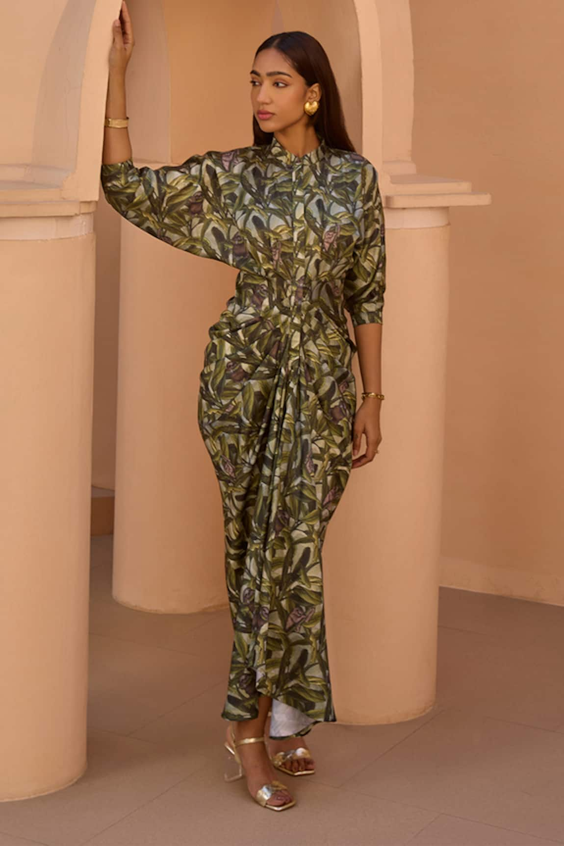 House of Fett Acacia Jungle Print Cowl Draped Dress