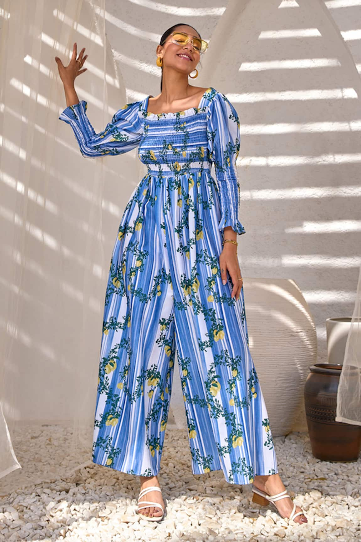 House of Fett Cetara Lemon Garden Striped Jumpsuit