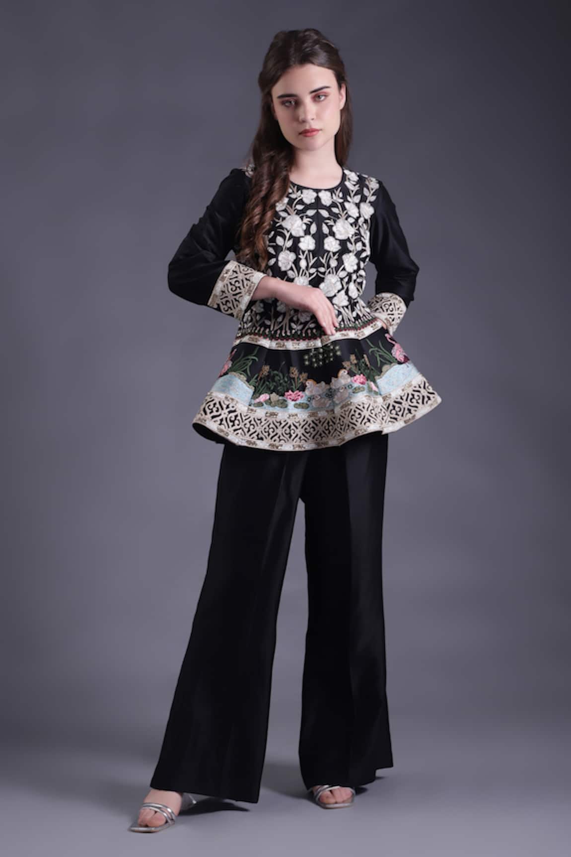 House of Tushaom Floral Embroidered Peplum Tunic With Flared Pant