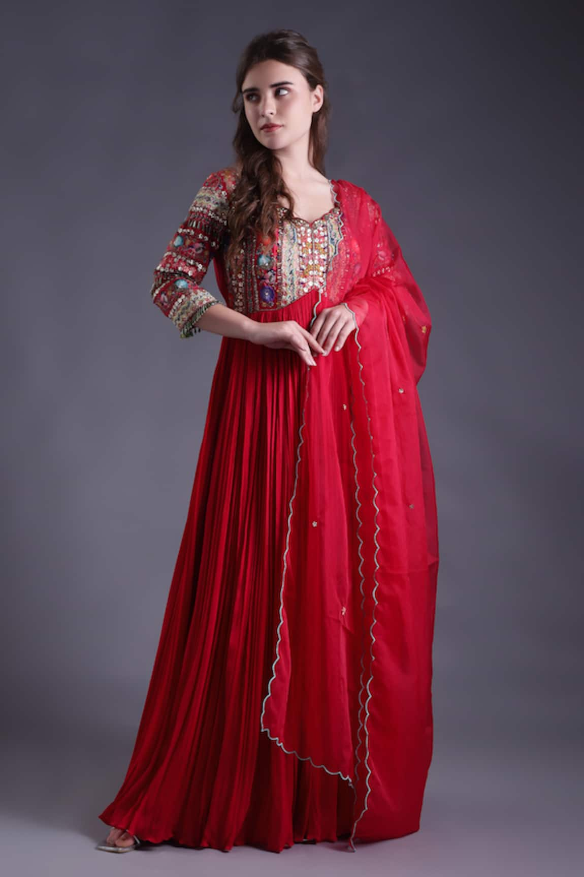 House of Tushaom Embroidered Yoke Anarkali With Scallop Hem Dupatta