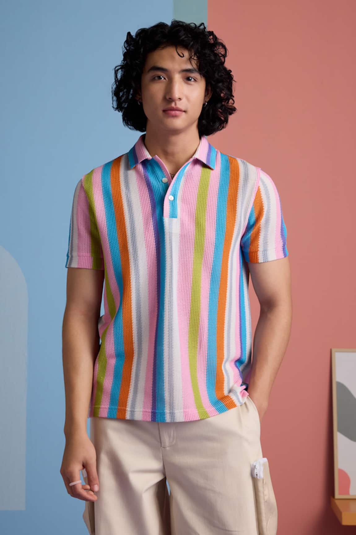 Muvazo Multi Color Crochet Stripe Polo Tee 