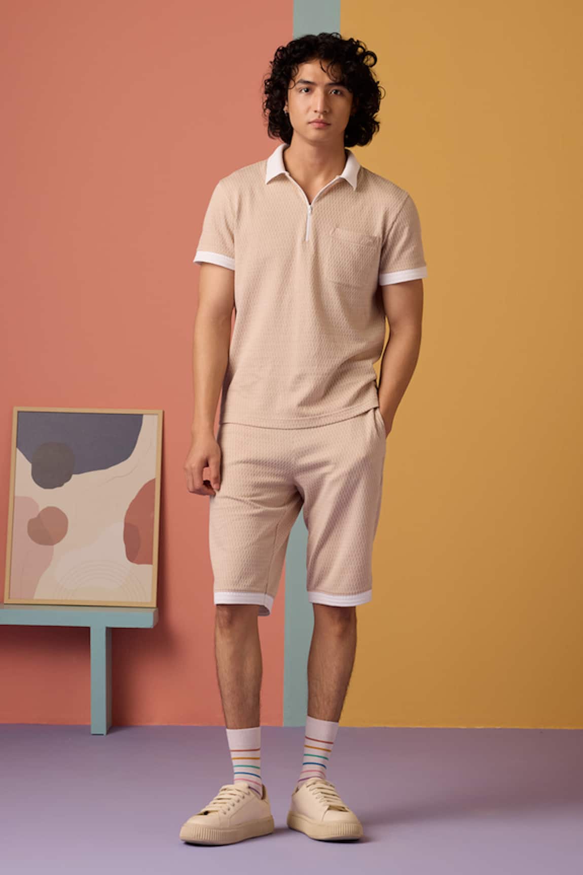 Muvazo Peach Jacquard Woven Shorts 