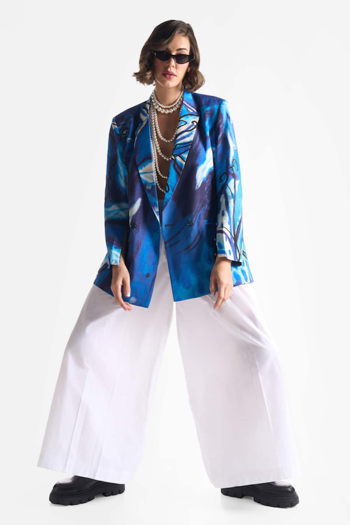 Ekastories Lapis Lazuli Flower Abstract Print Blazer