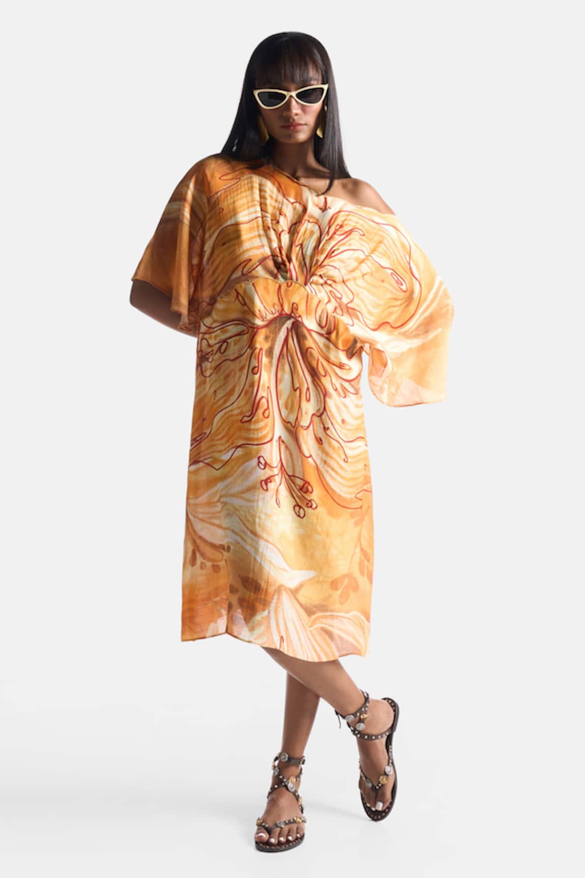 Ekastories Apricot Scaloop Floral Print Dress