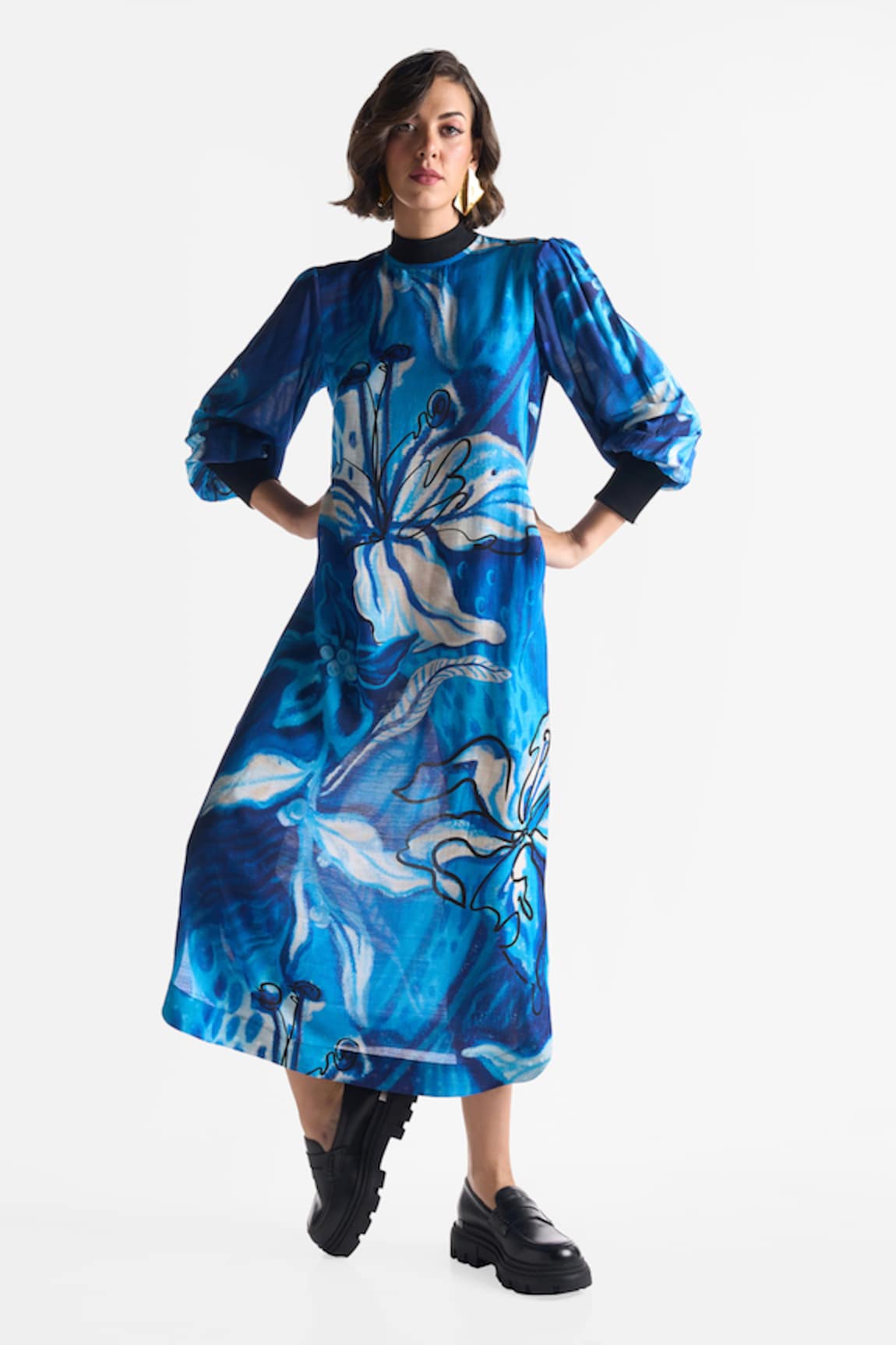 Ekastories Lapis Lazuli Rib Collar Printed Dress