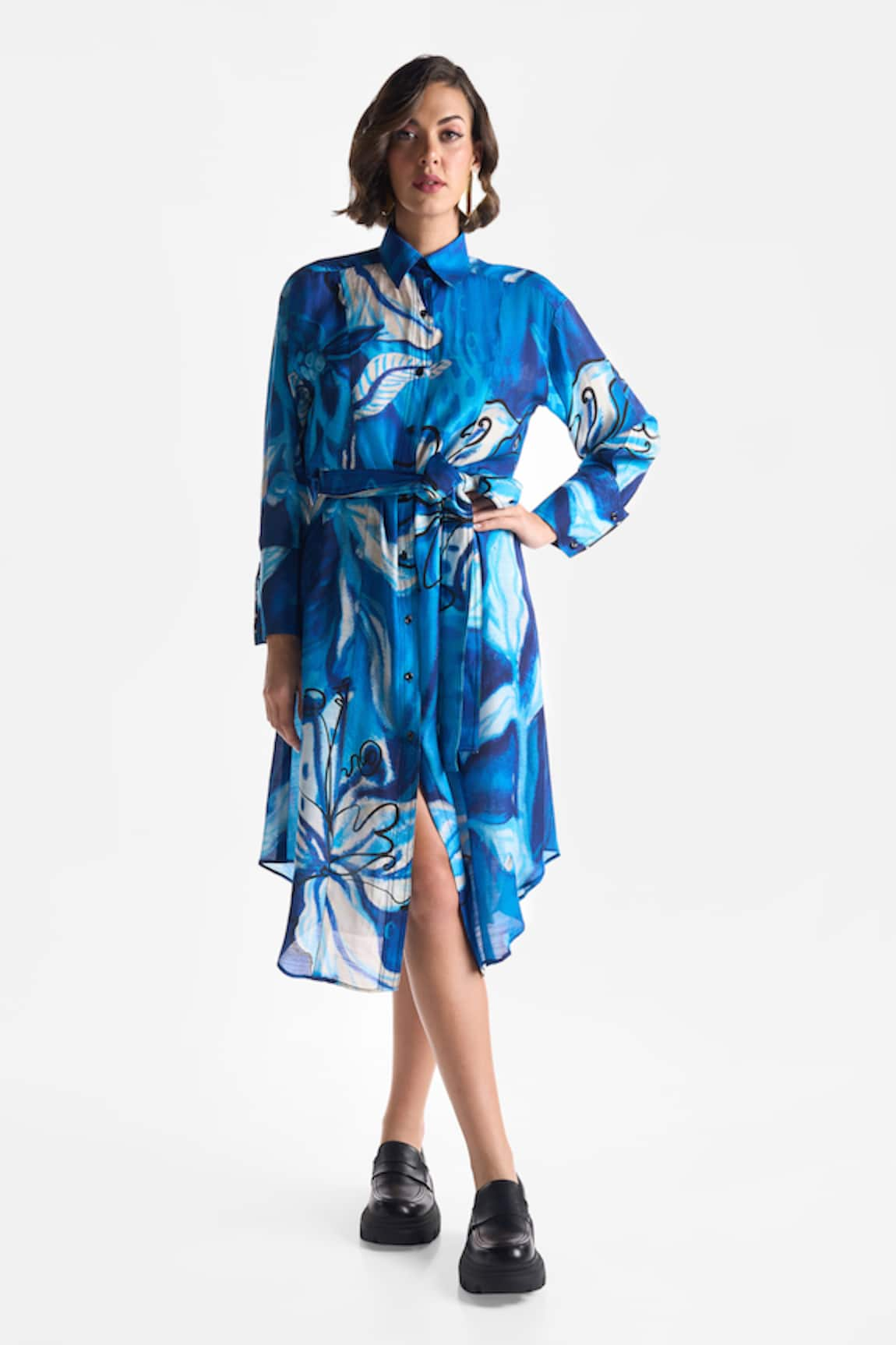 Ekastories Lapis Lazuli Floral Print Shirt Dress