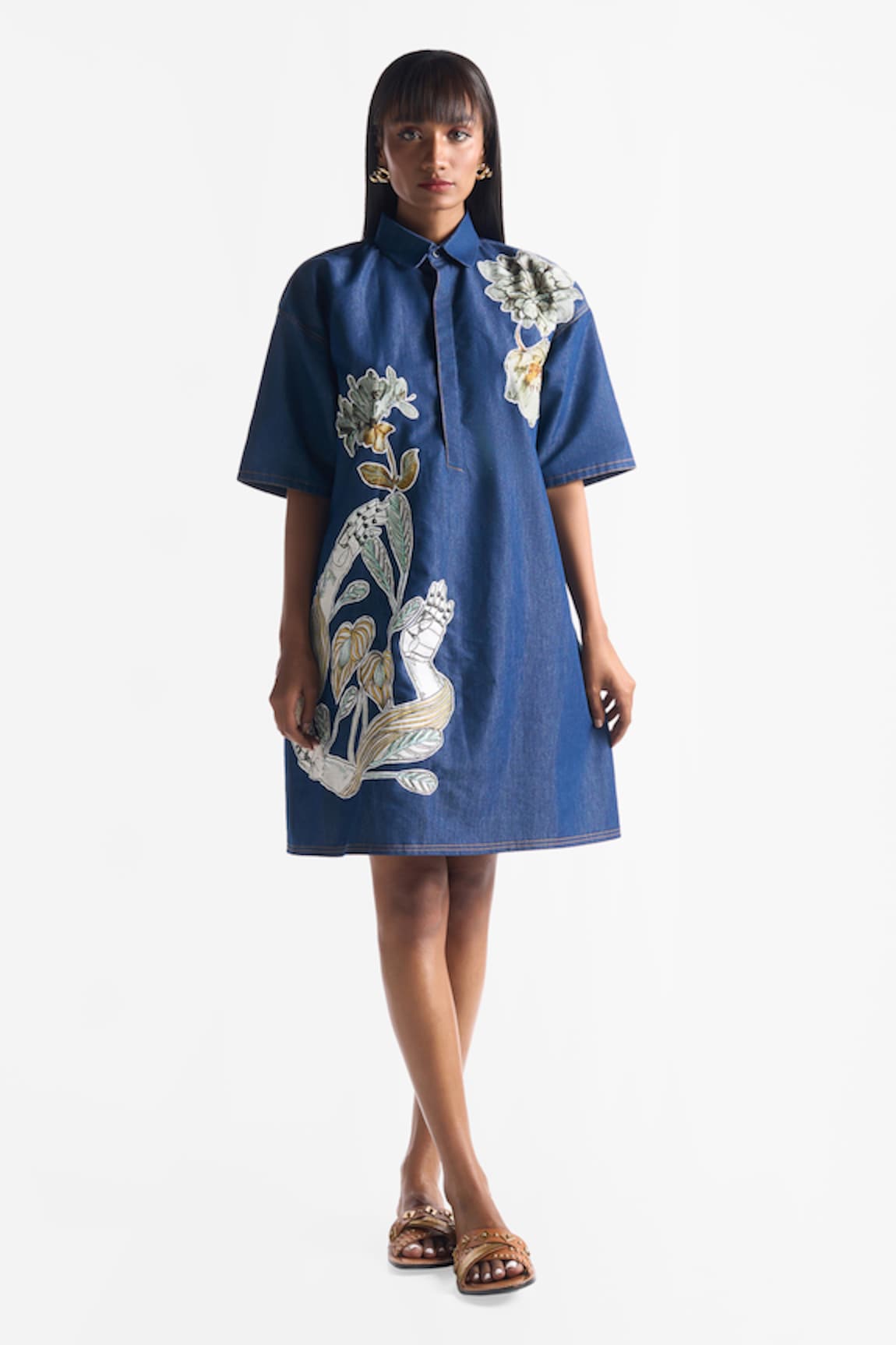 Ekastories Denim Patchwork Embroidered Shirt Dress