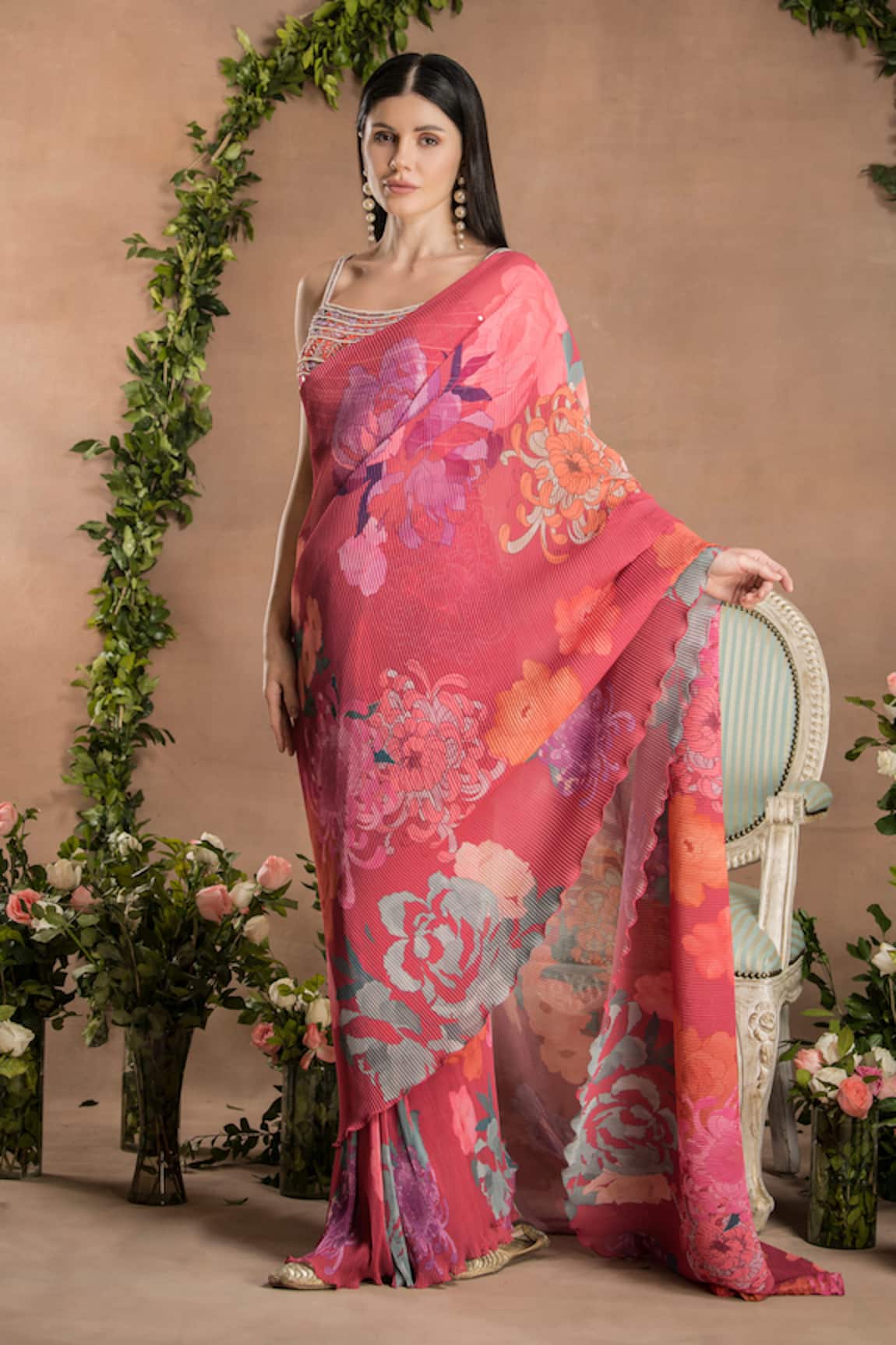 PREETI MEHTA Pleated Pre-Draped Printed Saree With Blouse