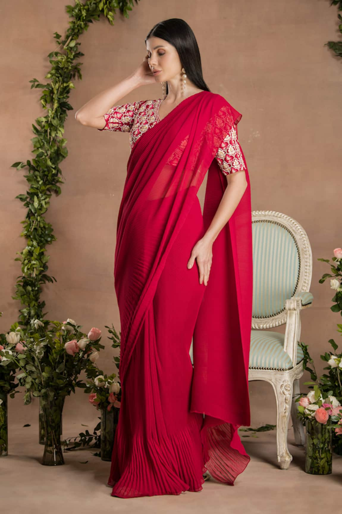 PREETI MEHTA Pleated Pre-Draped Saree With Pearl Collar Blouse