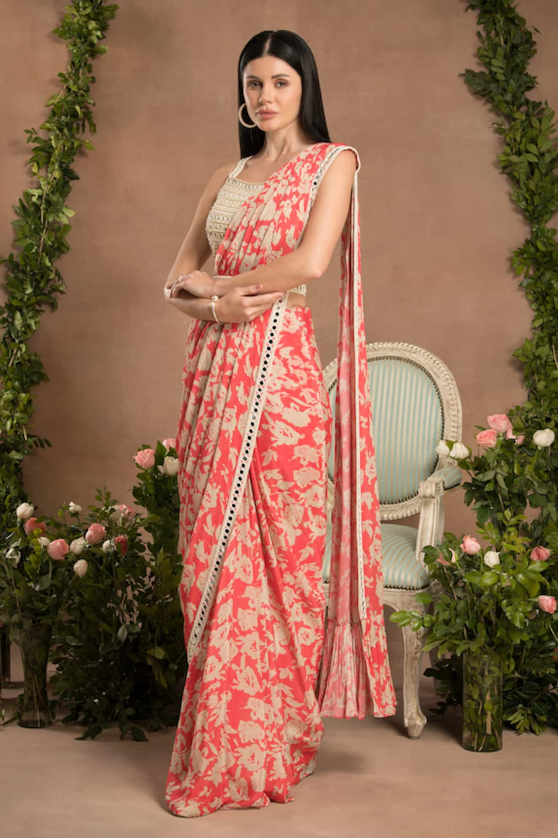 PREETI MEHTA Printed Pre-Draped Saree With Mirror Work Blouse