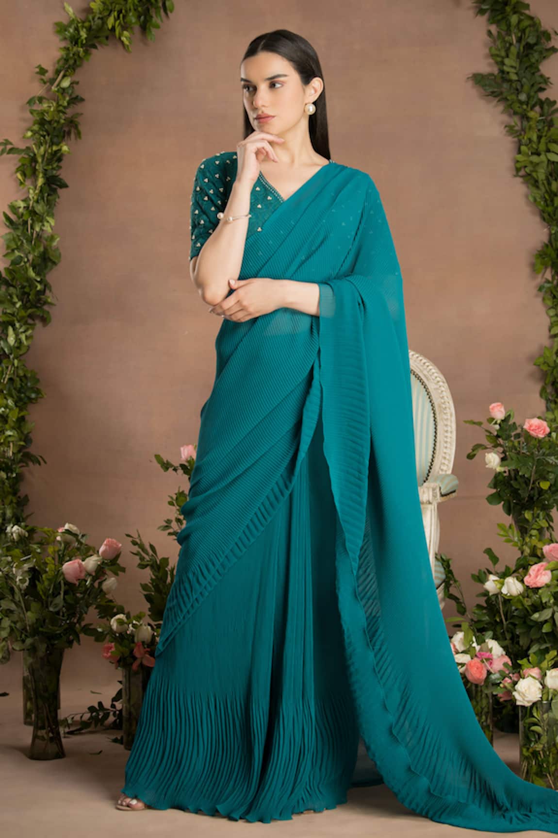 PREETI MEHTA Pleated Pre-Draped Saree With Embroidered Blouse