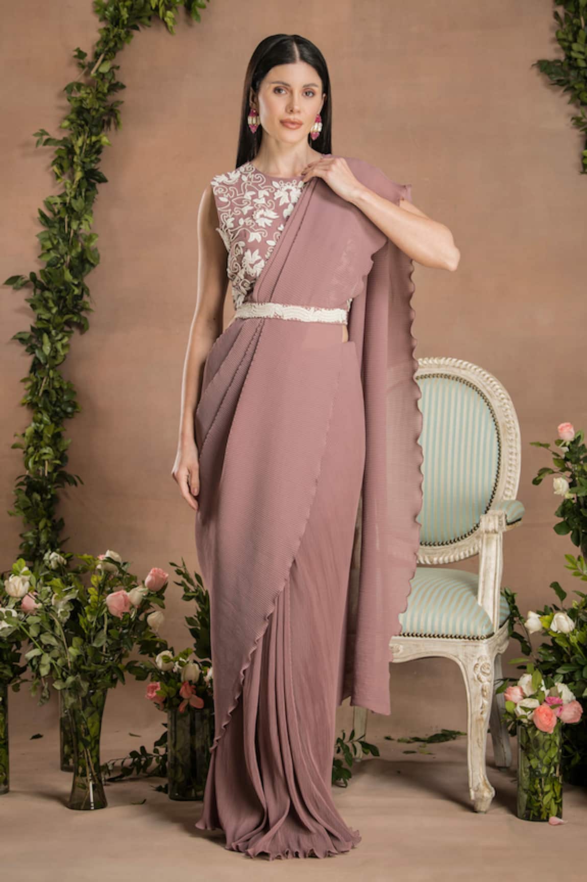 PREETI MEHTA Pleated Pre-Draped Saree With 3D Embroidered Blouse