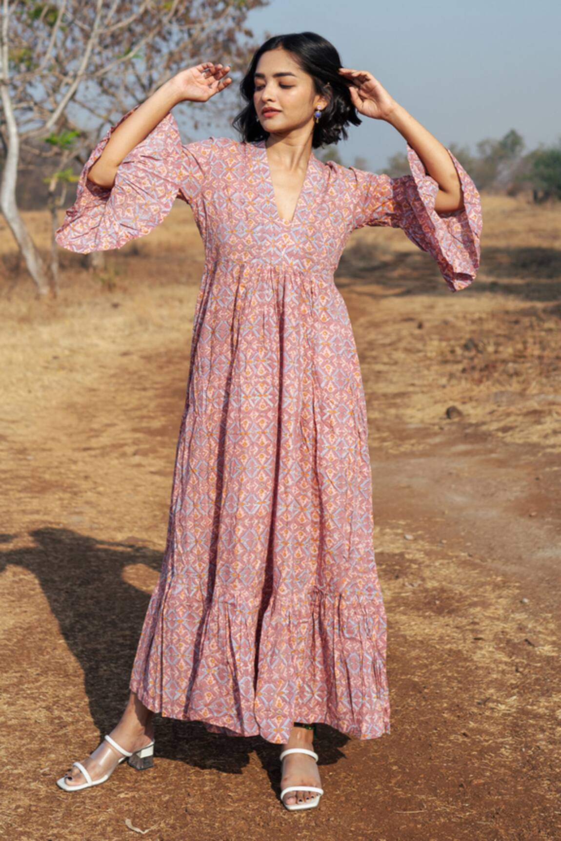 Marche Pondi Hand Block Print Cotton Tiered Dress