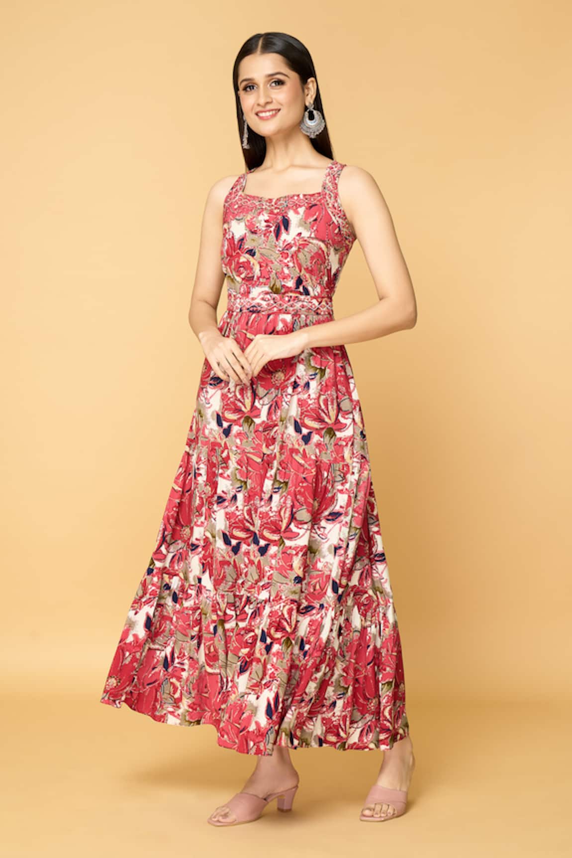 Adara Khan Floral Print Tiered Maxi Dress