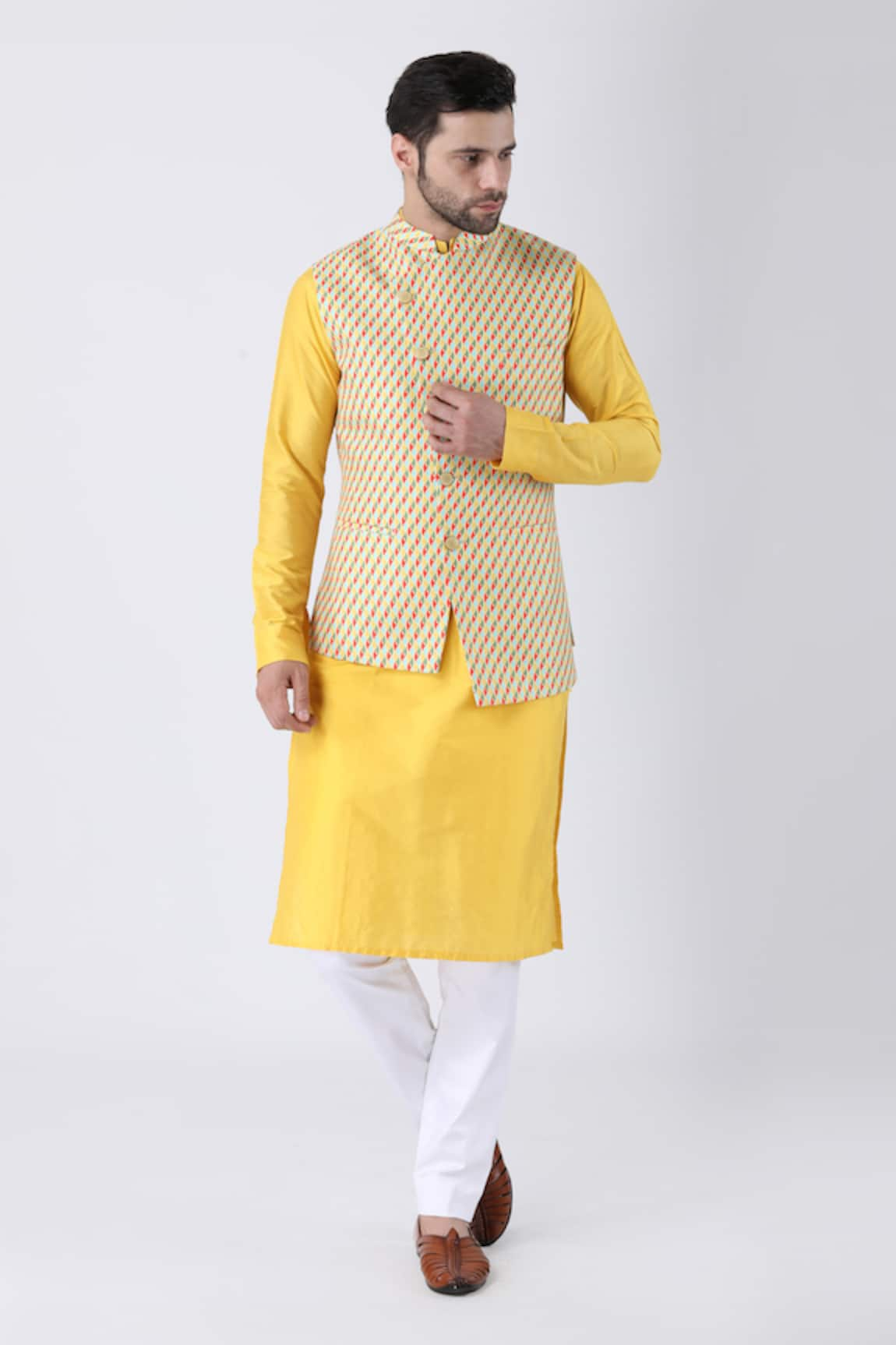 Manish Nagdeo Swerve Print Asymmetric Bundi Kurta Set