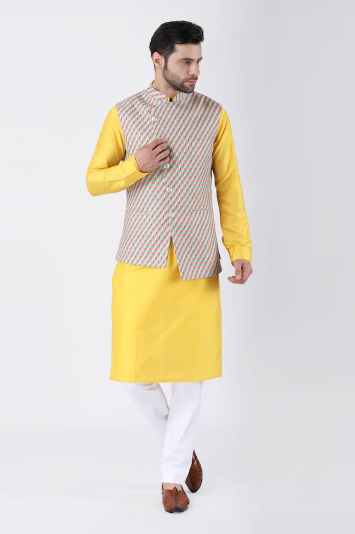 Manish Nagdeo Swirl Jaal Print Asymmetric Bundi Kurta Set