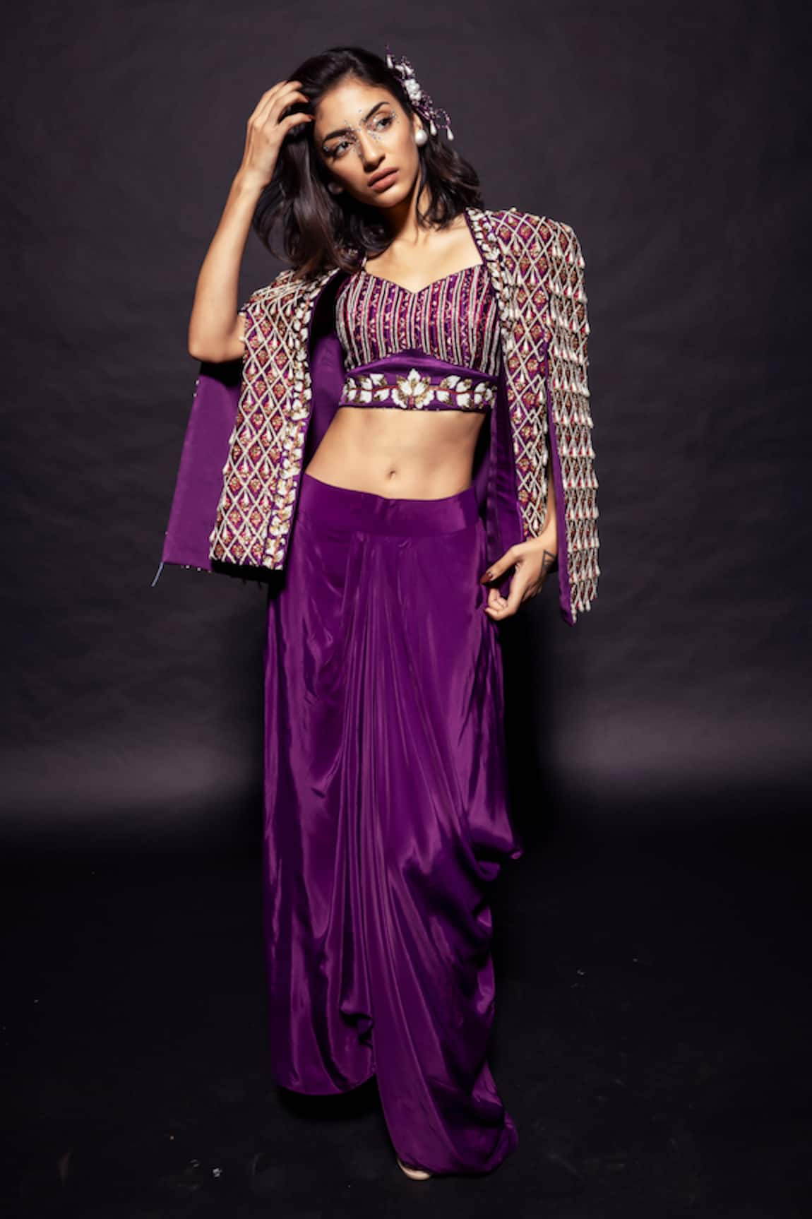 Sejal Kamdar Ajrakh Cape Jacket & Draped Skirt Set