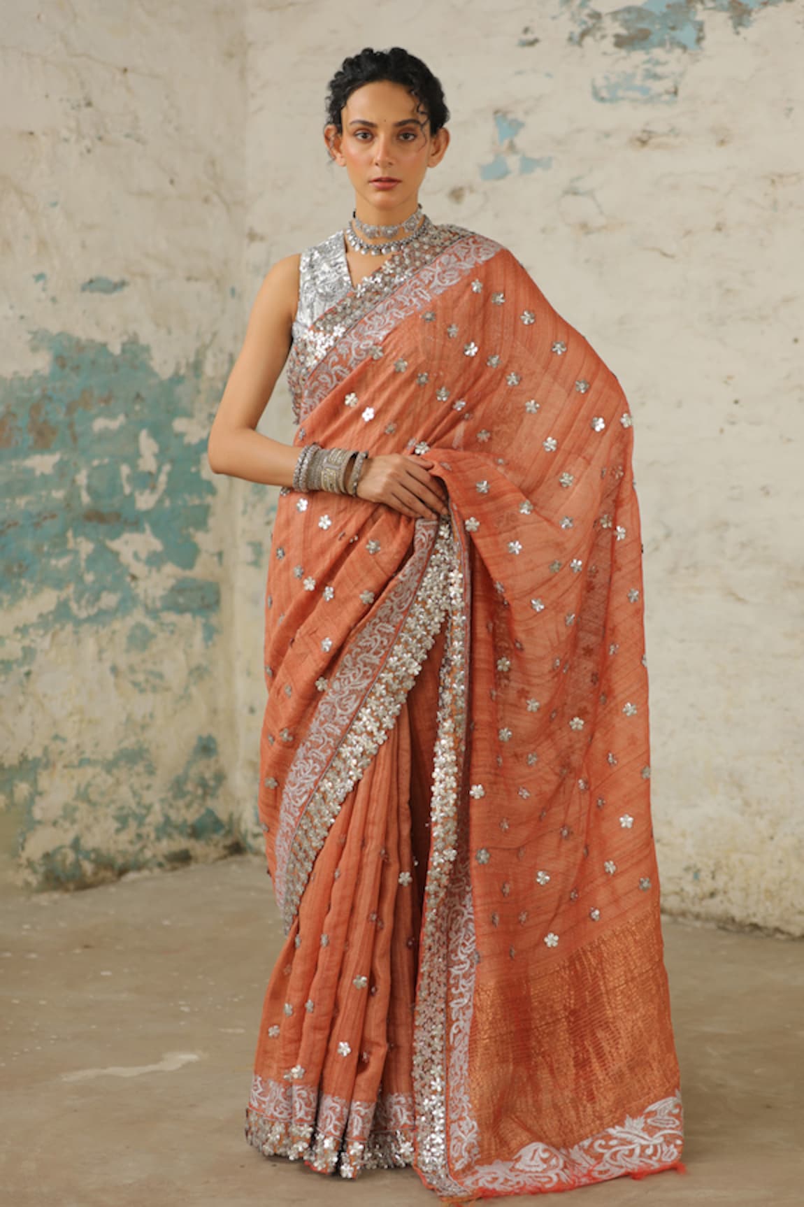 Saksham Neharicka Copper Embroidered Saree With Unstitched Blouse Piece