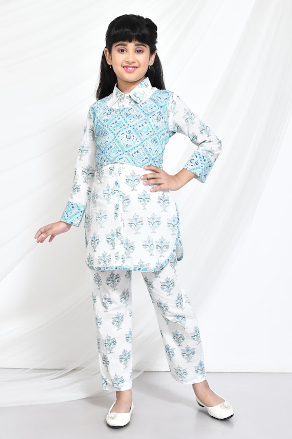 Banana Bee Geometric Print Cotton Jacket With Kurta Set