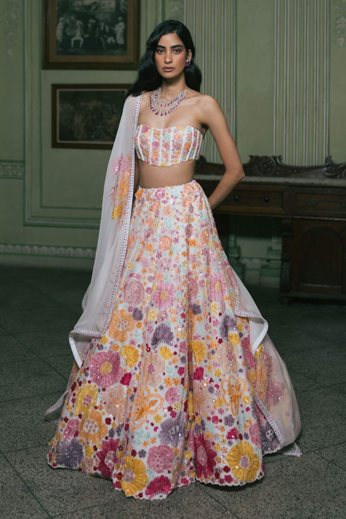 Mishru Iris Thread Embroidered Bridal Lehenga Corset Blouse Set