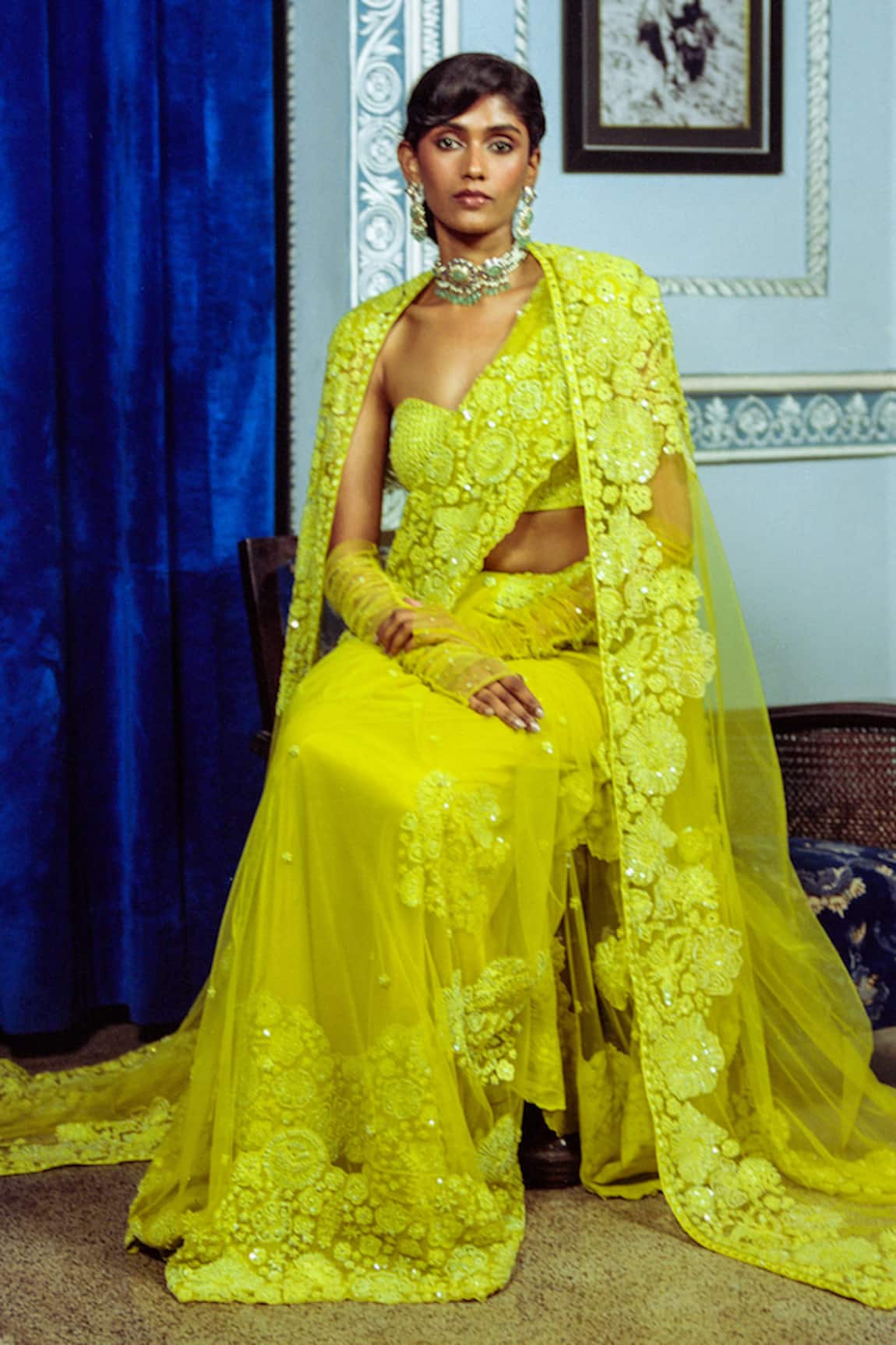 Mishru Adelline Floral Border Embroidered Saree Set With Cape