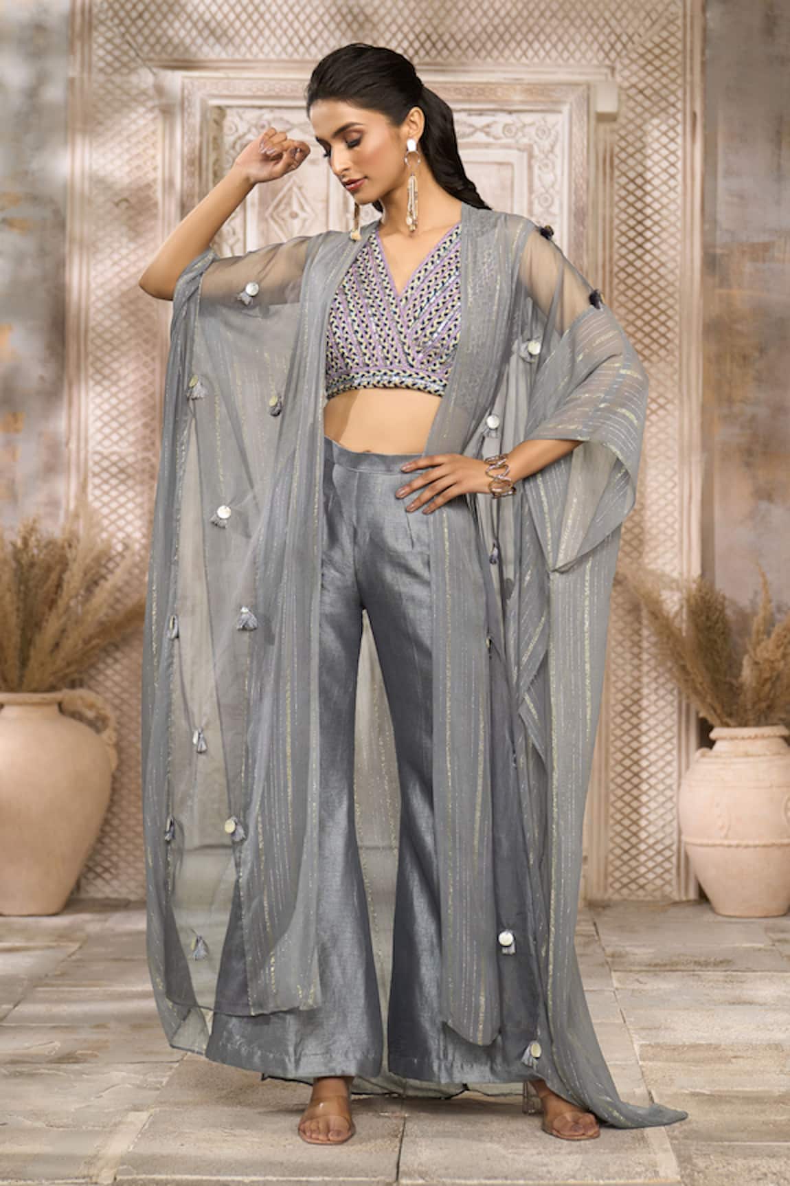Rishi & Vibhuti x AZA Tassel Embellished Cape With Pant Set