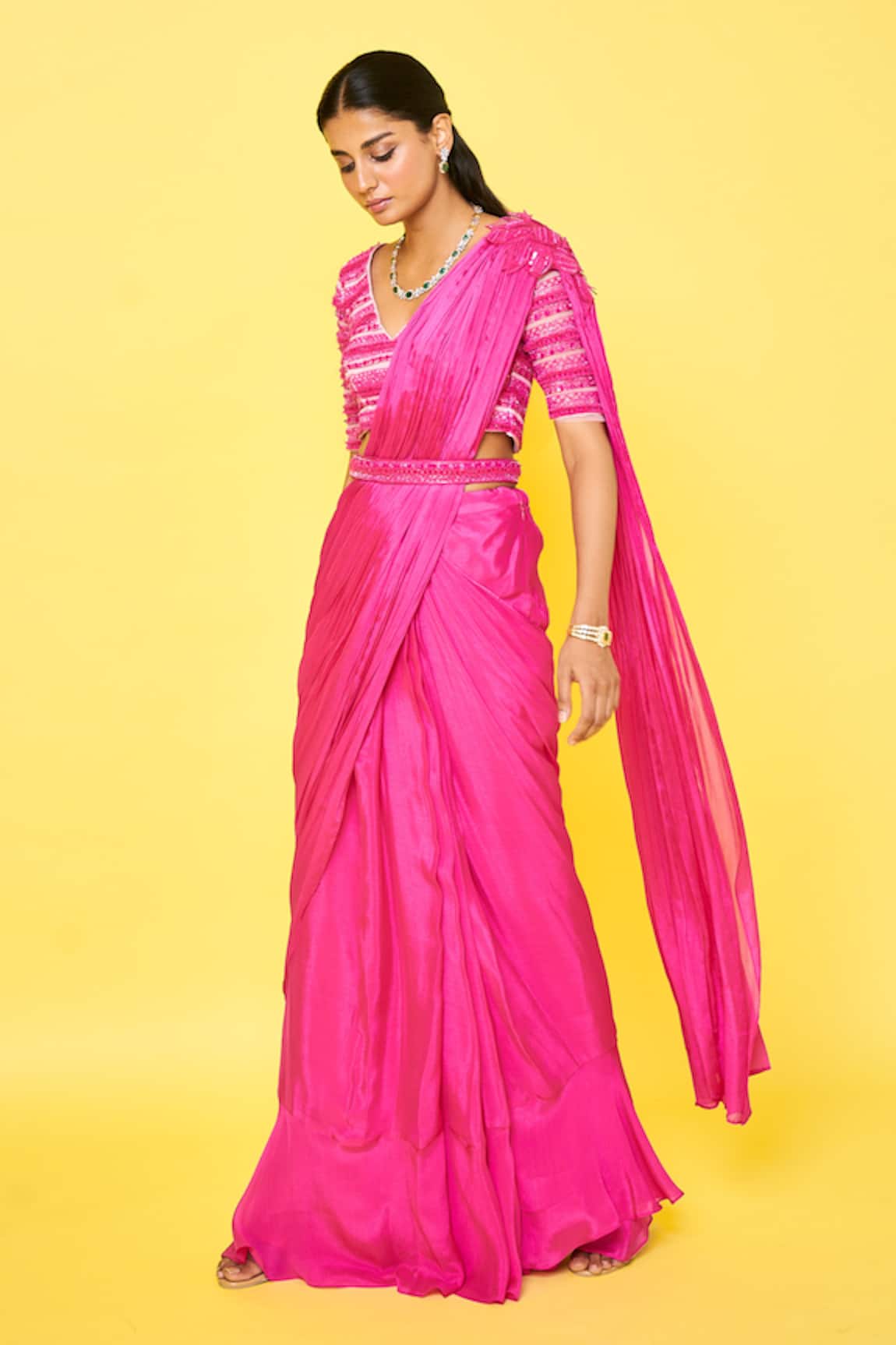 Issa Studio By Chetana & Swathi Charles 3D Petunia Applique Pre-Draped Saree Set