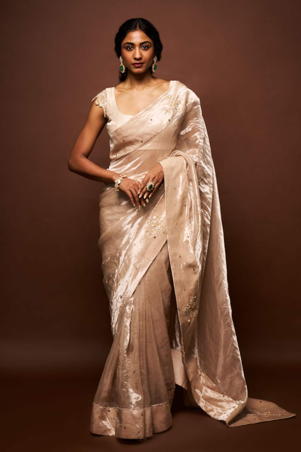 ISSA STUDIO BY CHETANA & SWATHI Elara Gardenia Border Embellished Tissue Saree Set