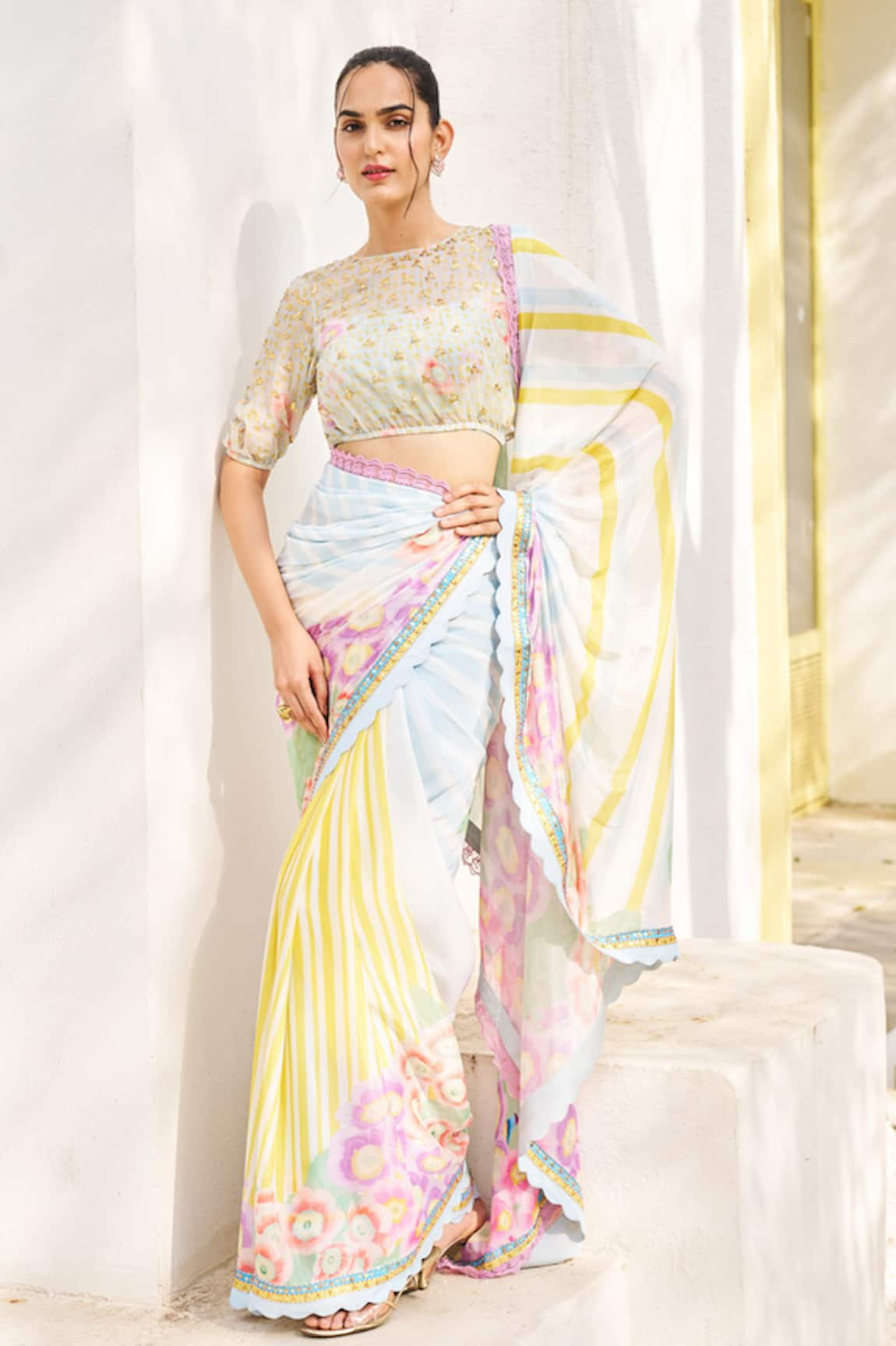 ISSA STUDIO BY CHETANA & SWATHI Heera Striped Dreamy Flora Print Pre-Draped Saree Set