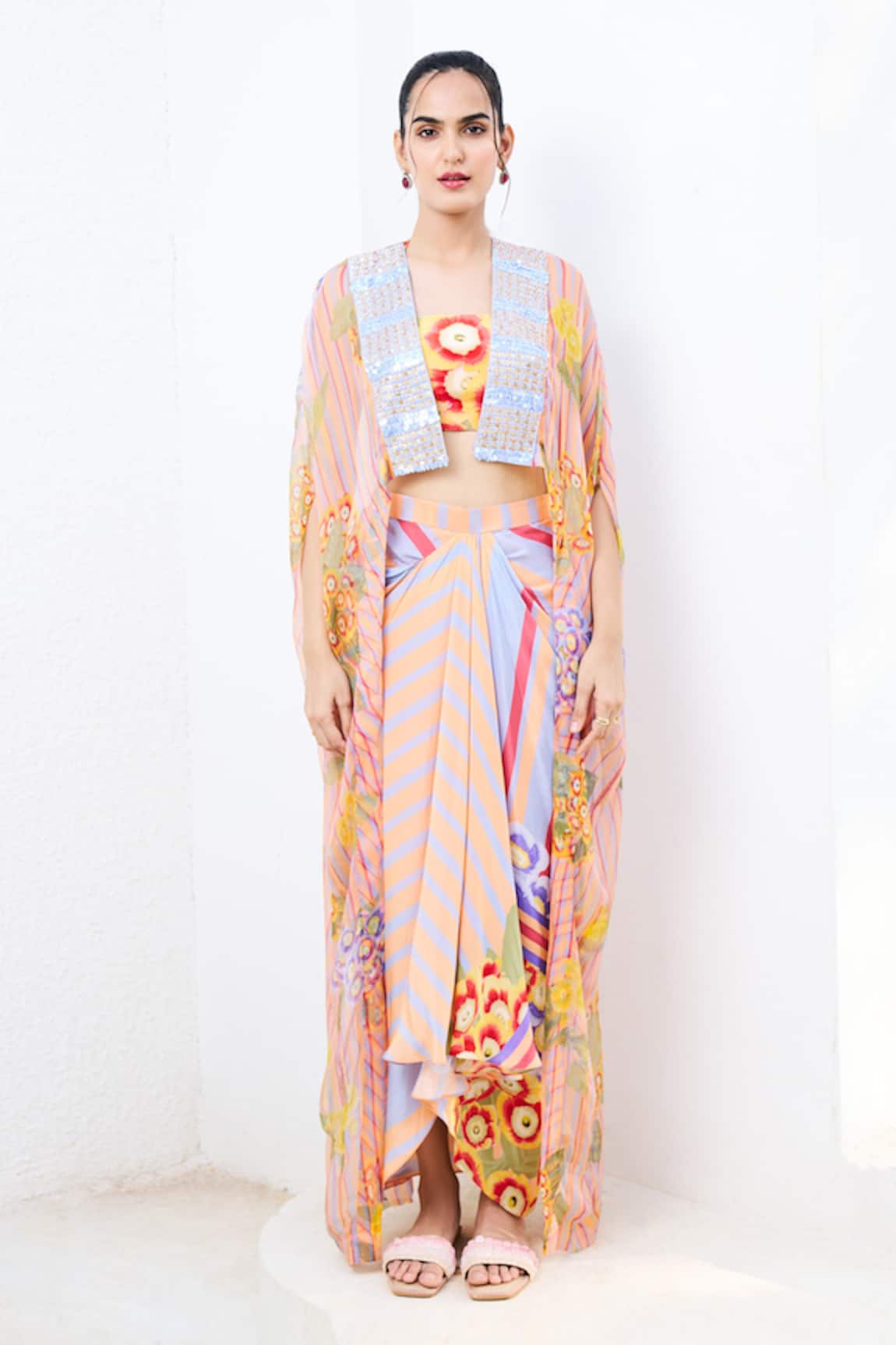 ISSA STUDIO BY CHETANA & SWATHI Ida Chevron Bloom Print Cape Draped Skirt Set