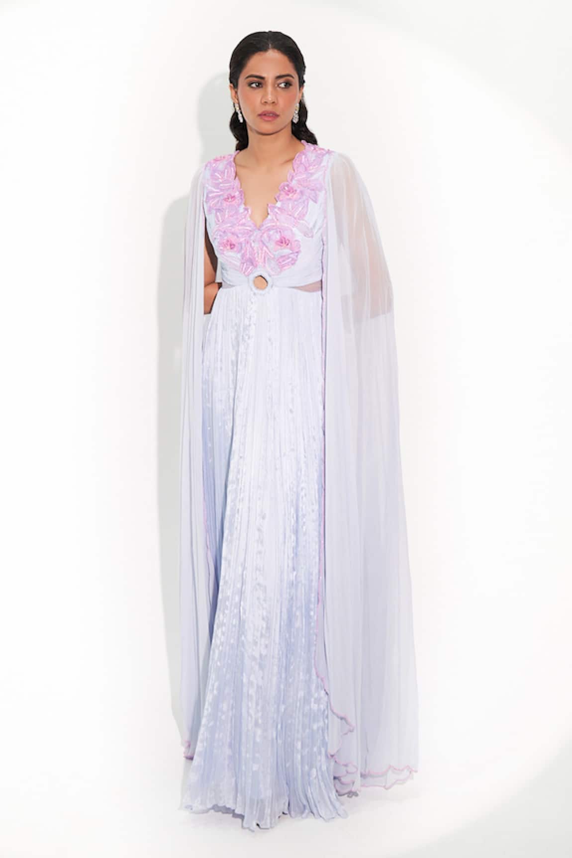 ISSA STUDIO BY CHETANA & SWATHI Isabella 3D Orchid Bloom Embroidered Pleated Gown