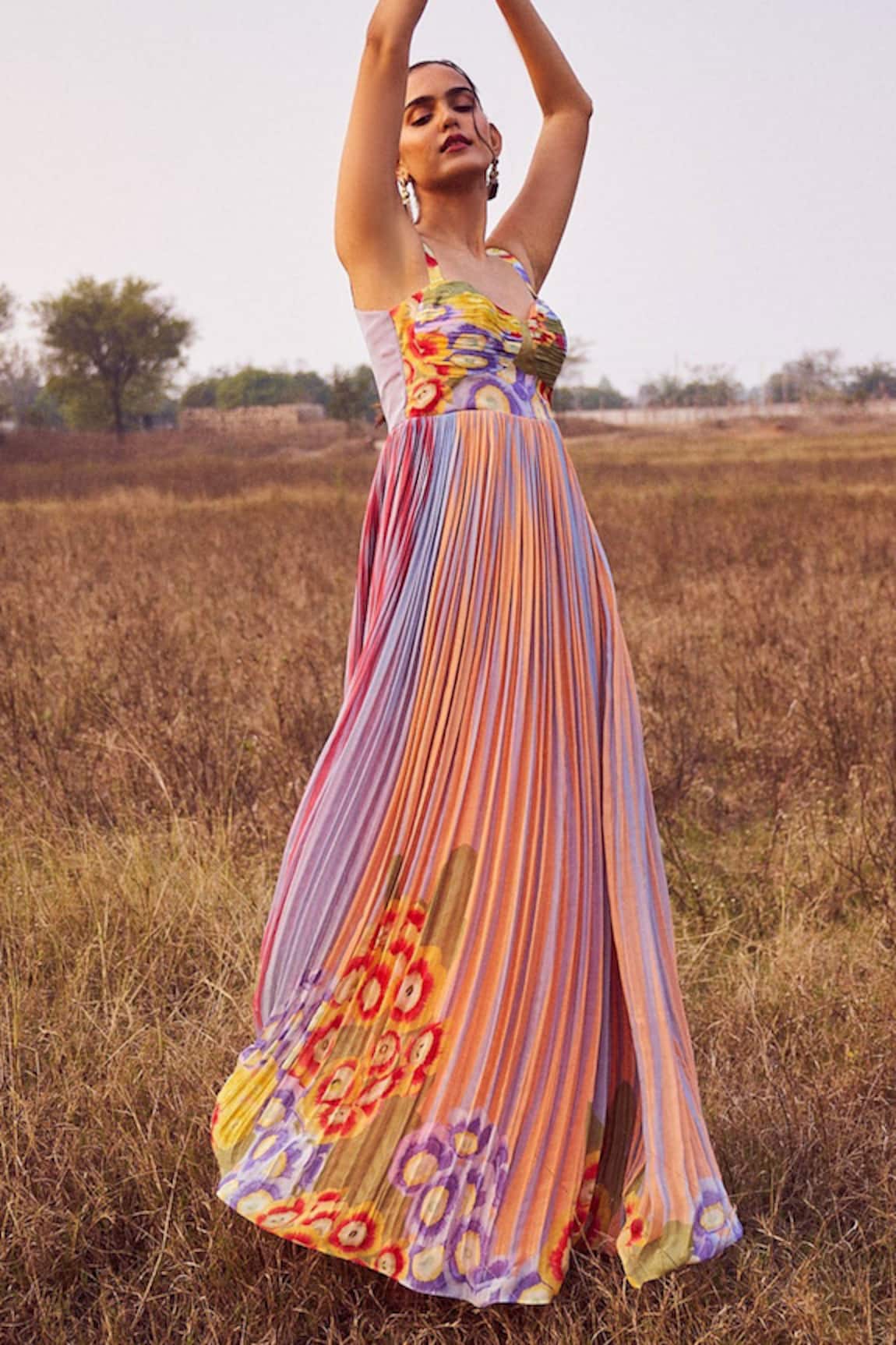 ISSA STUDIO BY CHETANA & SWATHI Isla Striped Carnival Fleur Print Maxi Dress